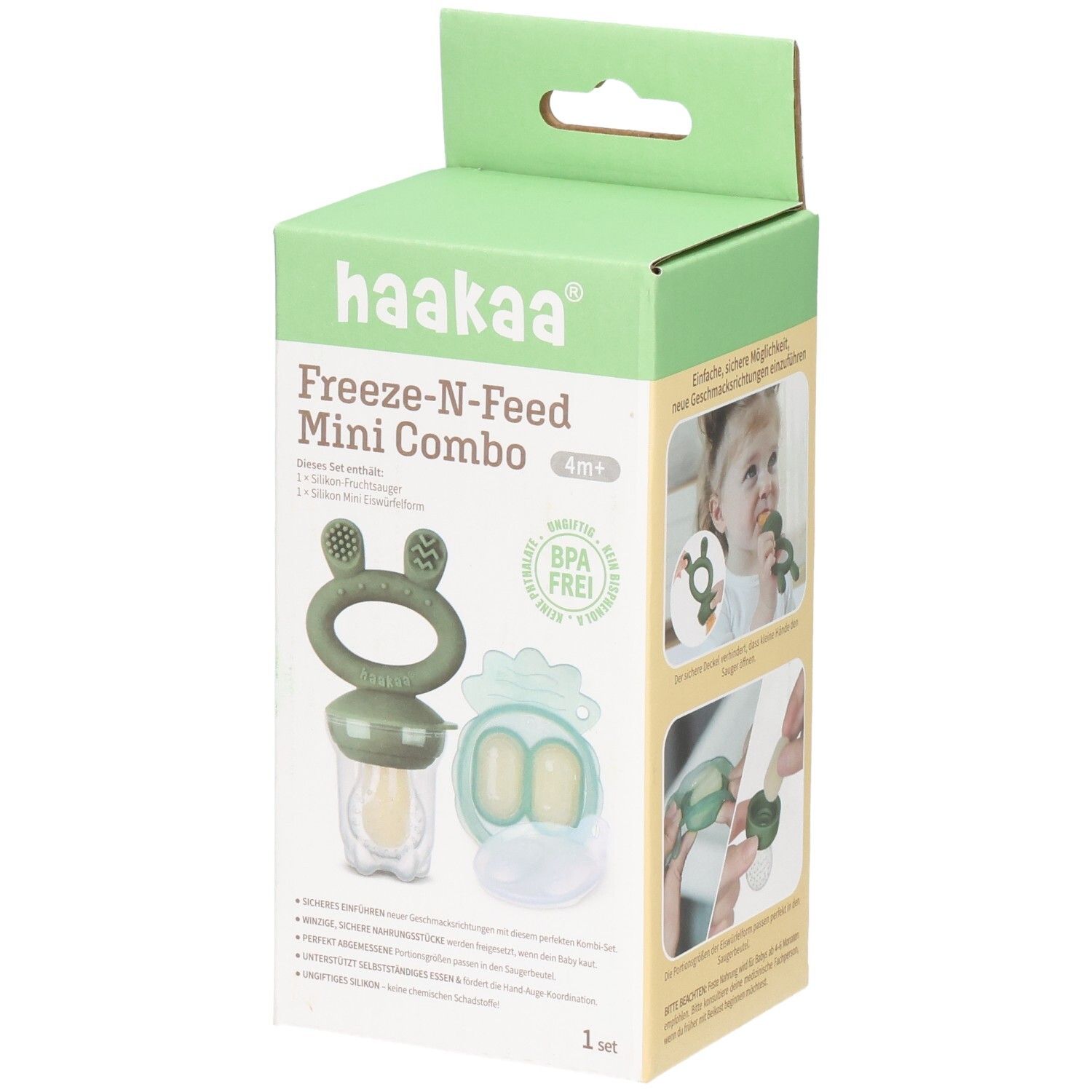 Haakaa Freeze-N-Feed Mini Combo Verpackung mit Fruchtsauger und Eiswürfelform.