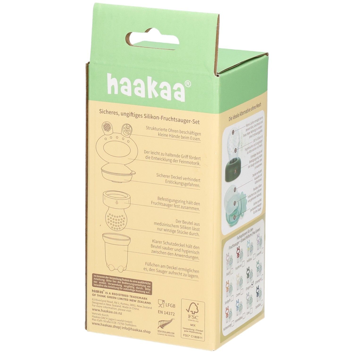 Seitenansicht der Haakaa Freeze-N-Feed Mini Combo Verpackung mit Produktabbildungen.