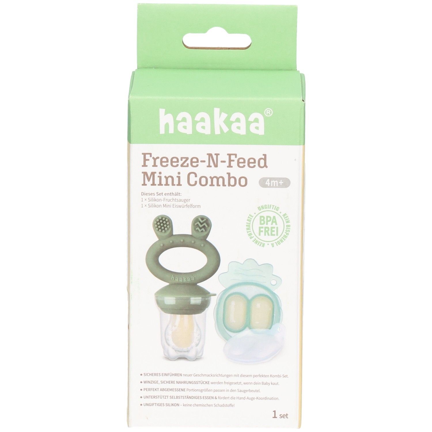 Haakaa Freeze-N-Feed Mini Combo Verpackung mit Fruchtsauger und Eiswürfelform.