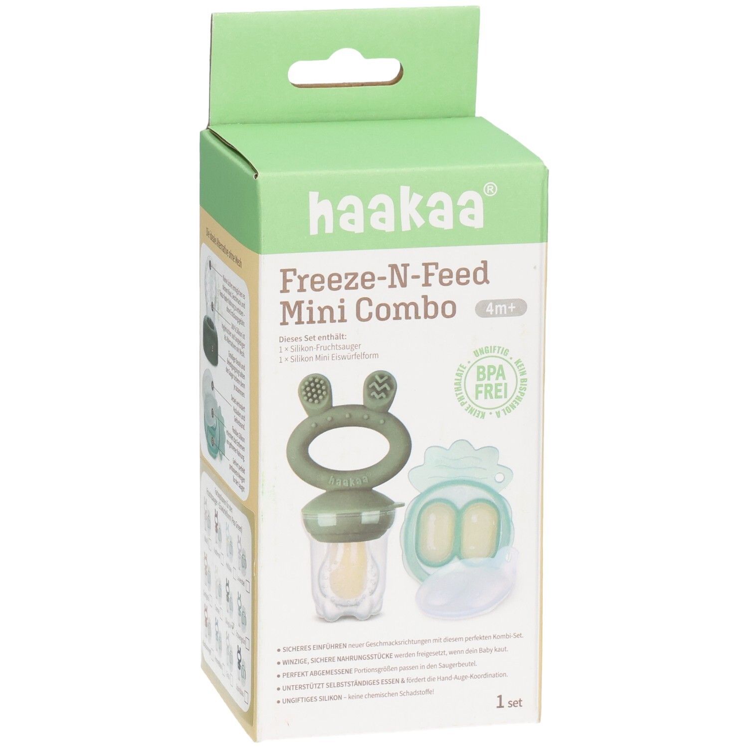 Haakaa Freeze-N-Feed Mini Combo Verpackung mit Fruchtsauger und Eiswürfelform.