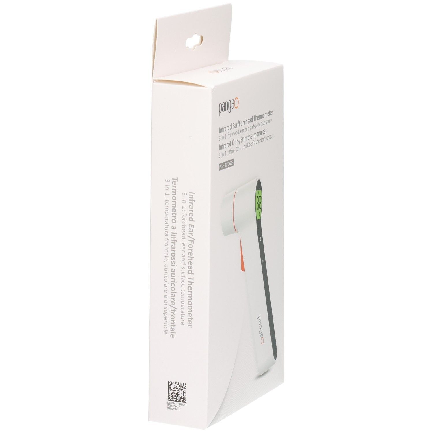 Verpackung eines Infrarot-Ohr-/Stirnthermometers.