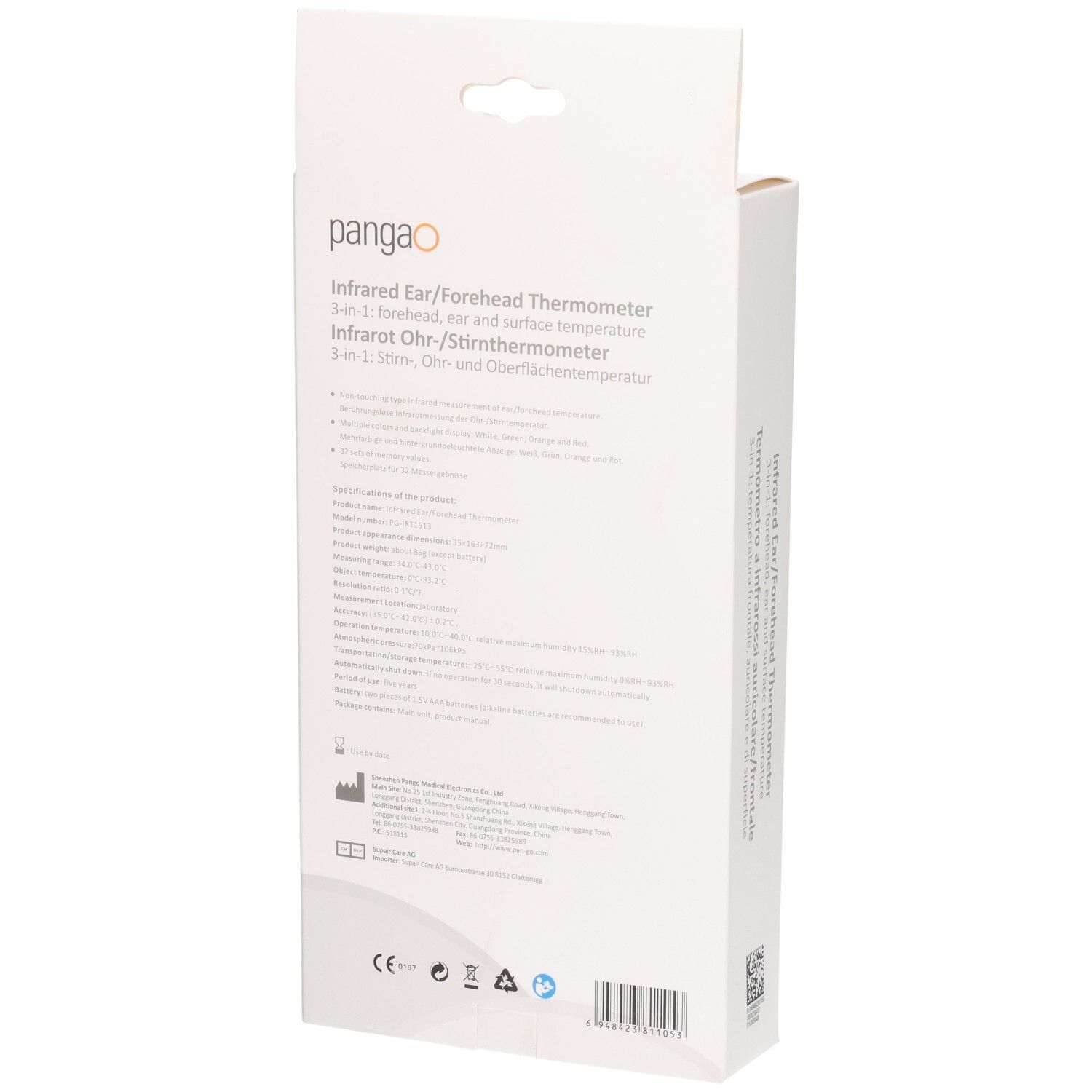 Rückseite der Verpackung eines Infrarot-Ohr-/Stirnthermometers.