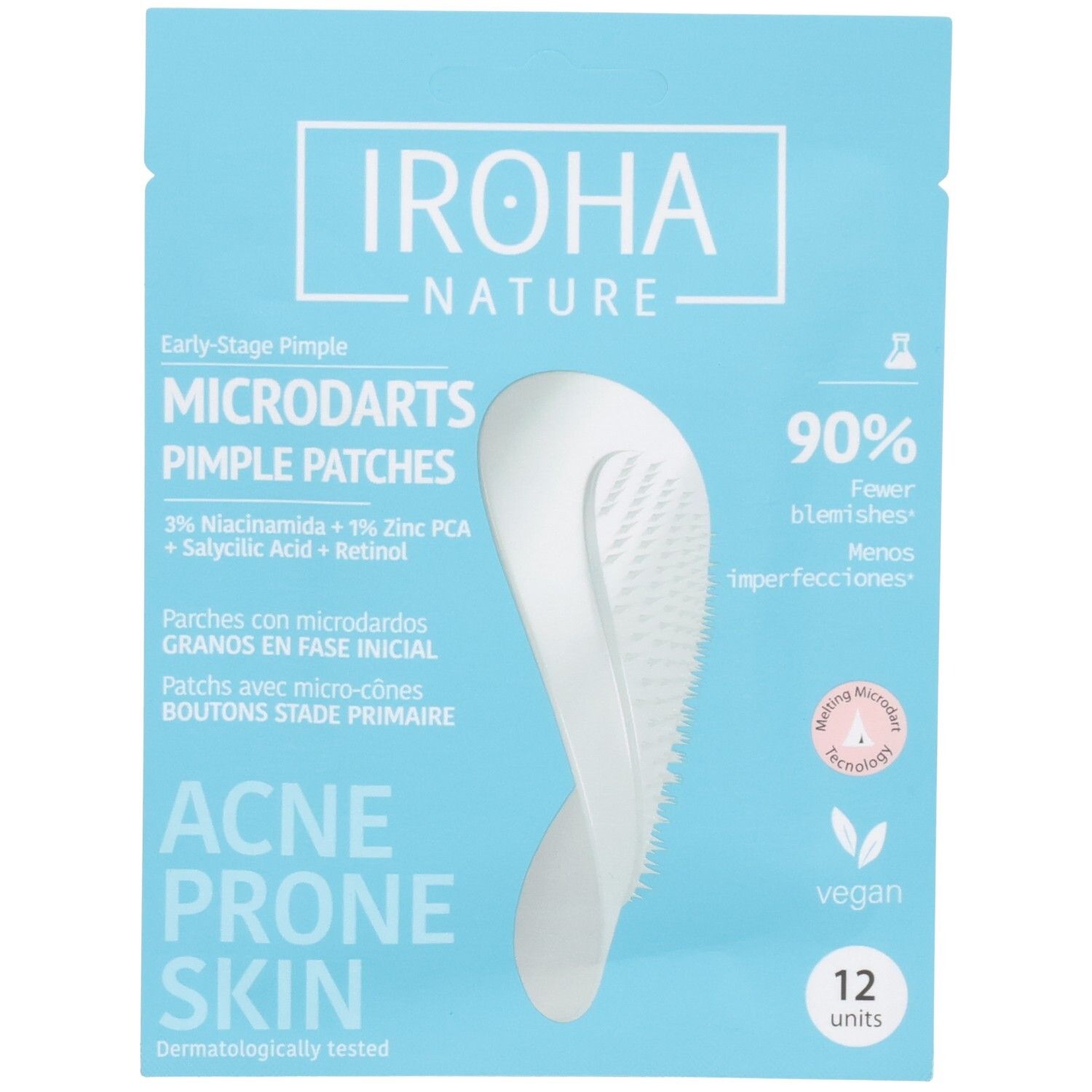 IROHA NATURE Microdarts Pickel-Pflaster für zu Akne neigende Haut, 12 Einheiten.