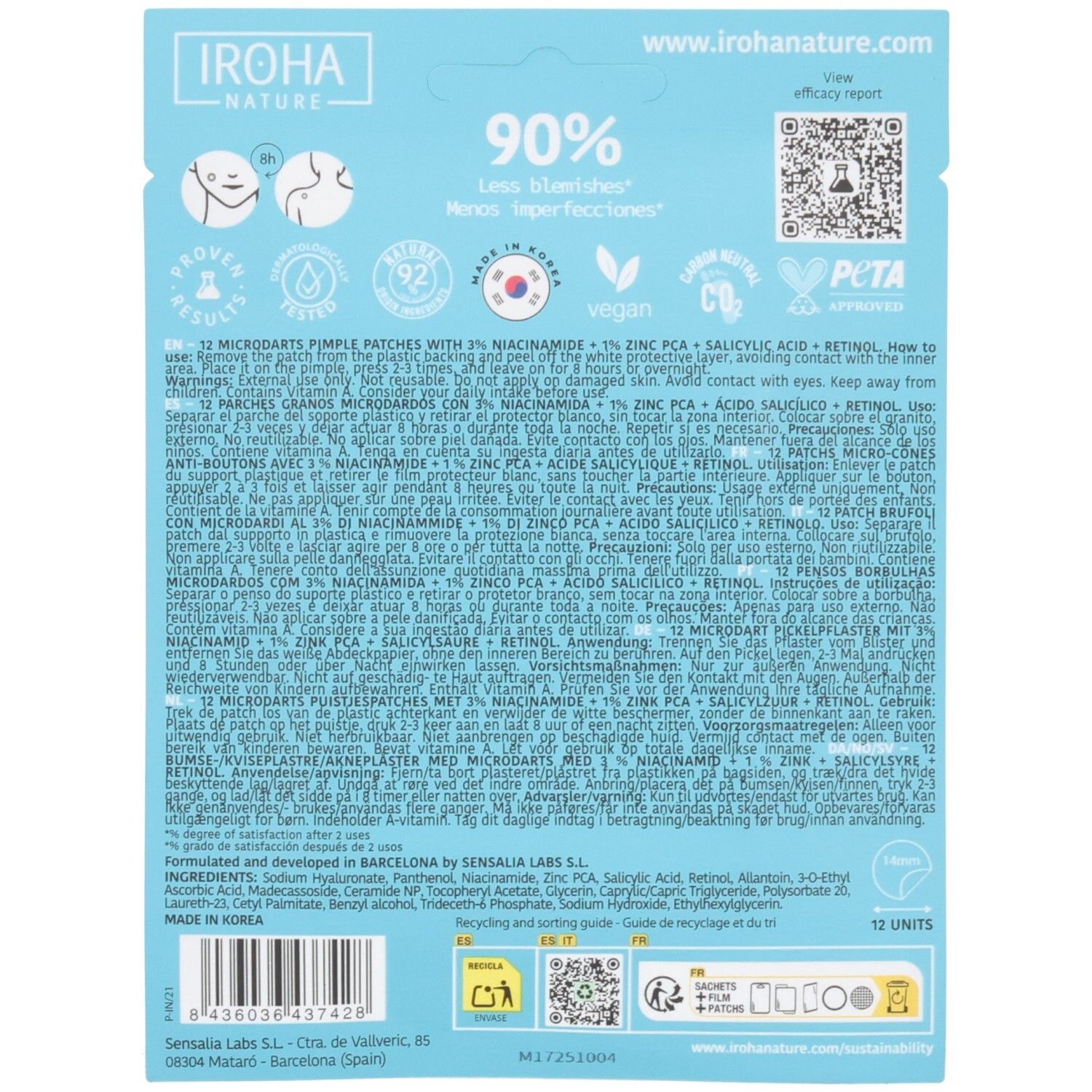 Rückseite der IROHA NATURE Microdarts Pickel-Pflaster mit Inhaltsstoffen und Anwendungshinweisen.