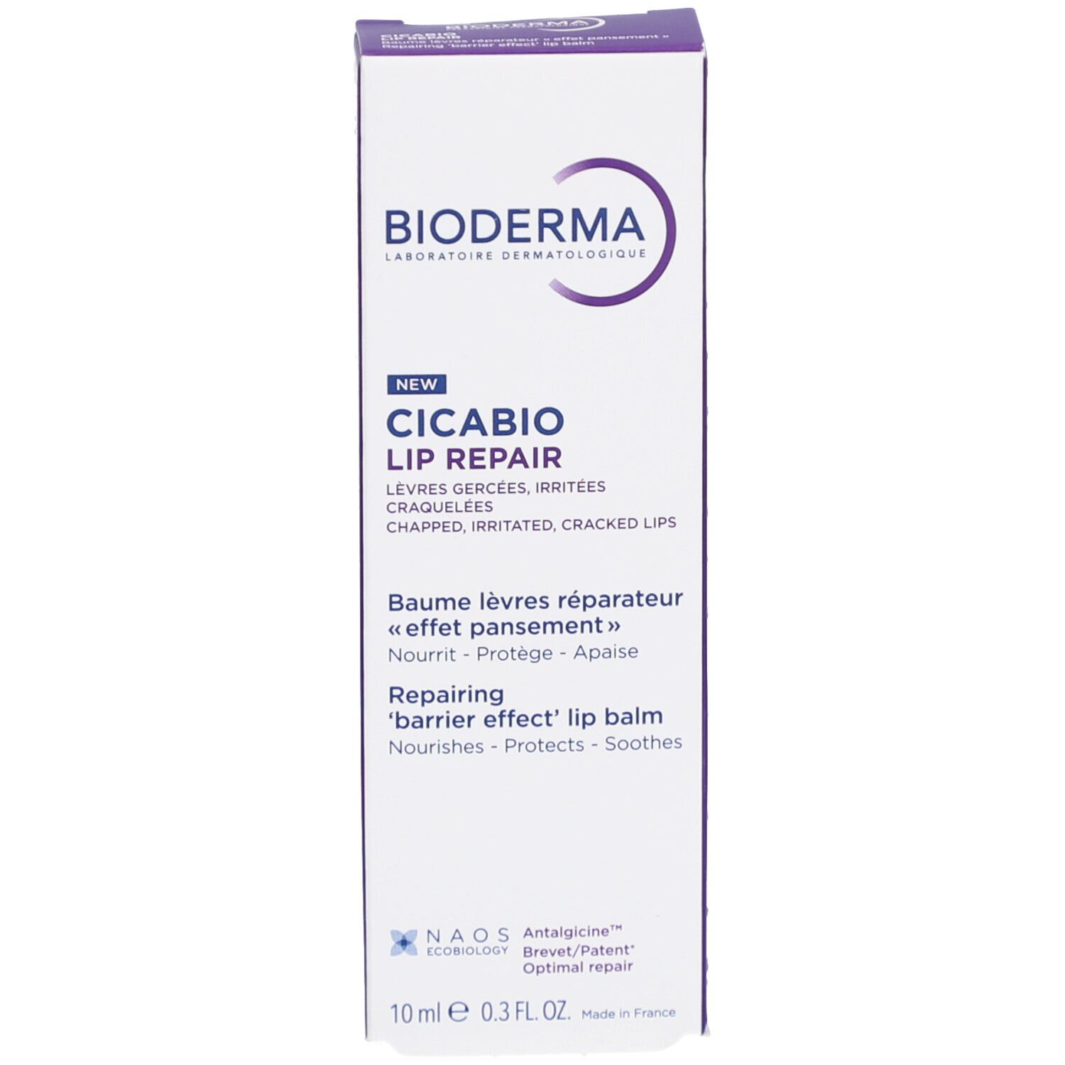Produktverpackung. Weiß, lila. Aufschrift: Bioderma, Cicabio Lip Repair. Text in mehreren Sprachen.