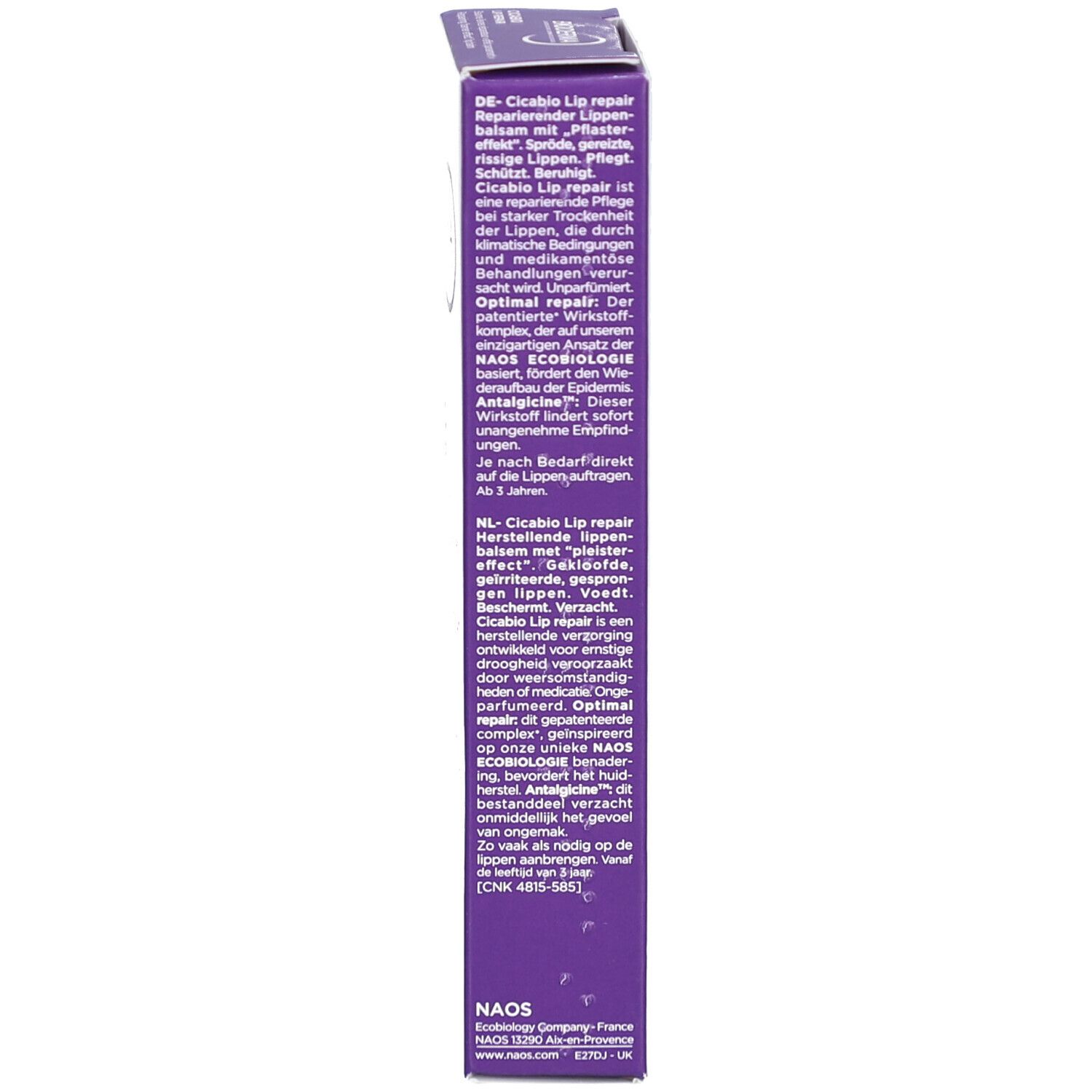 Seitenansicht der Verpackung. Text in mehreren Sprachen. Informationen zum Produkt.