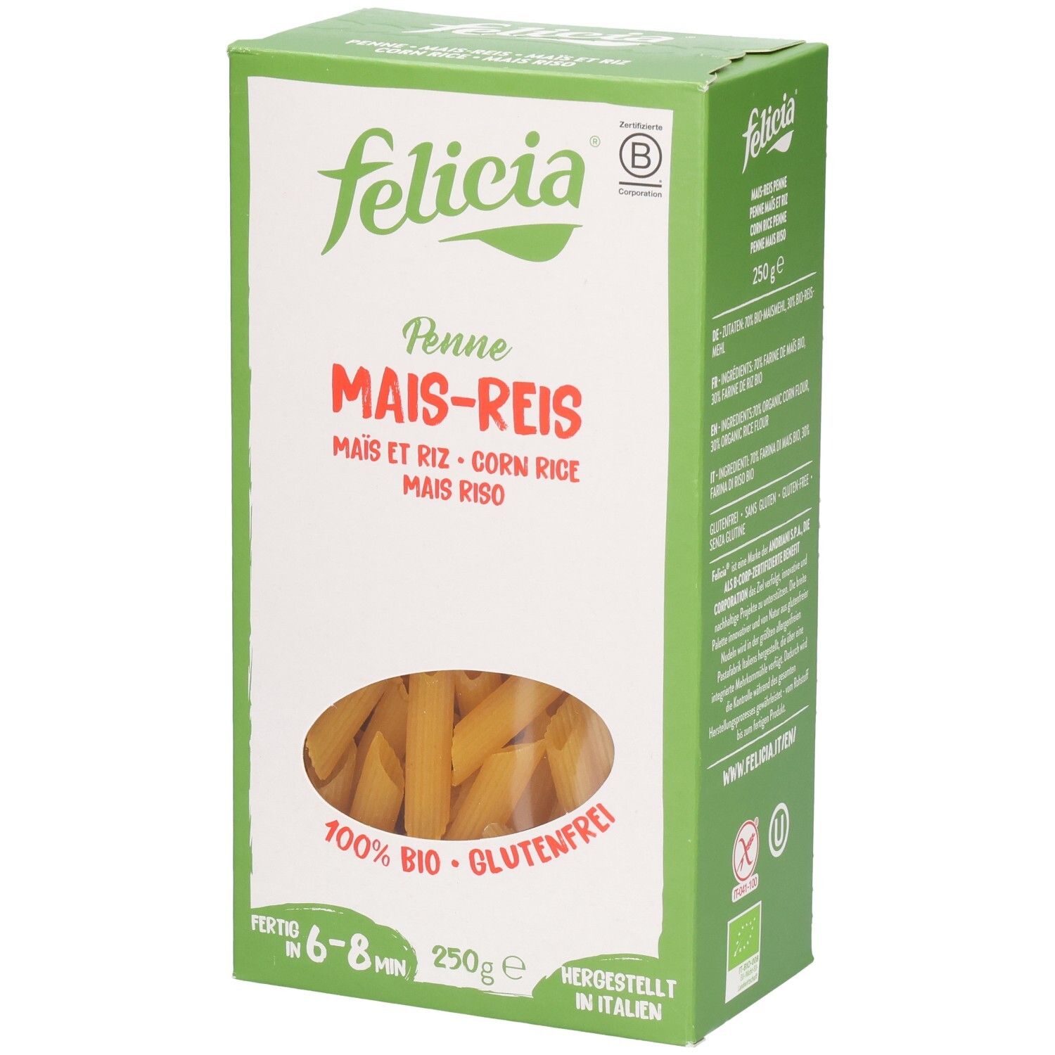 Felicia Penne Mais-Reis glutenfreie Pasta, 250g Packung mit Sichtfenster.