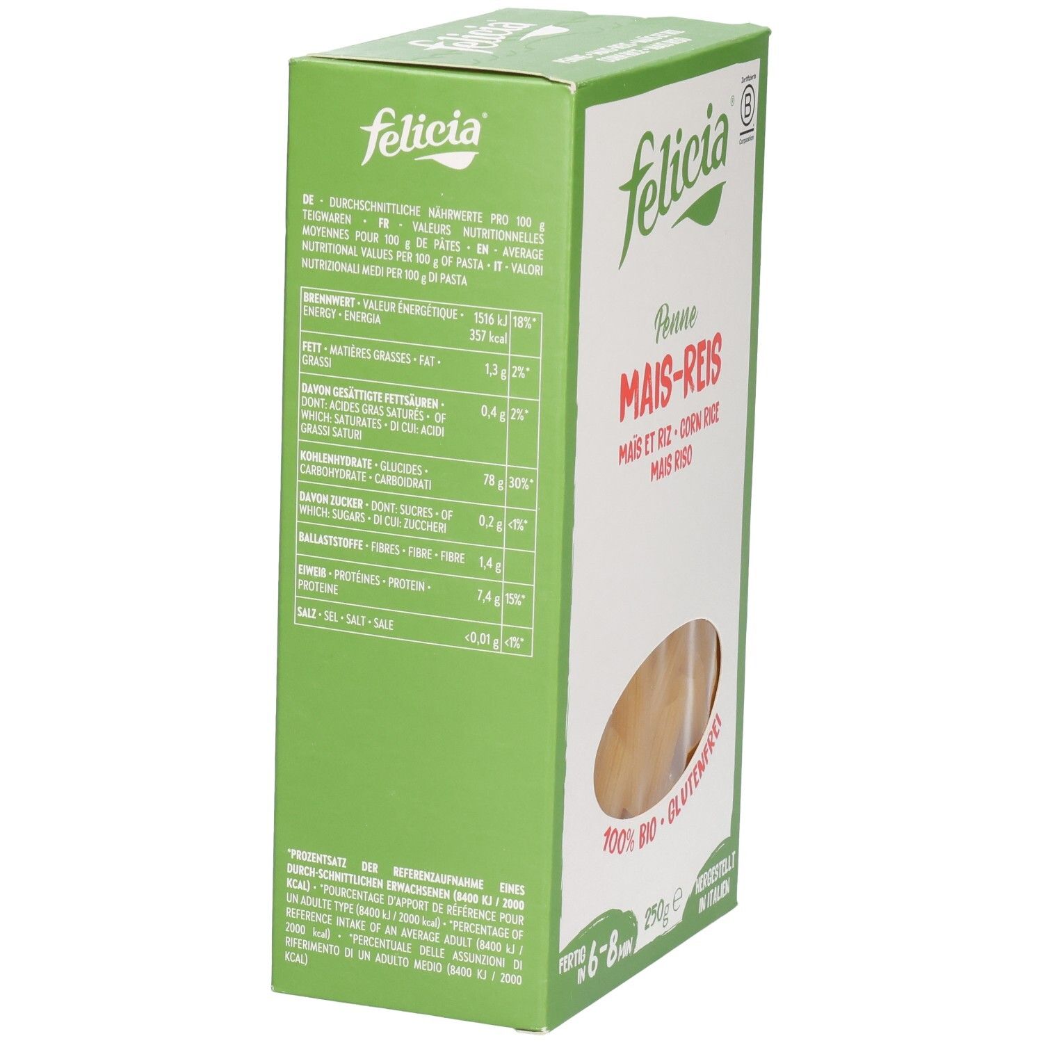 Rückseite der Felicia Penne Mais-Reis glutenfreien Pasta Packung mit Nährwertangaben.