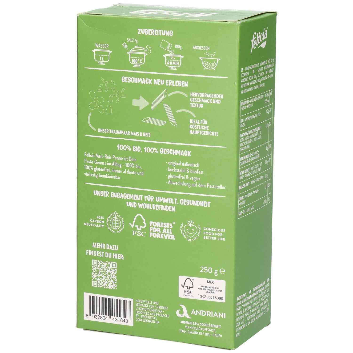 Rückseite der Felicia Penne Mais-Reis glutenfreien Pasta Packung mit Zubereitungshinweisen.