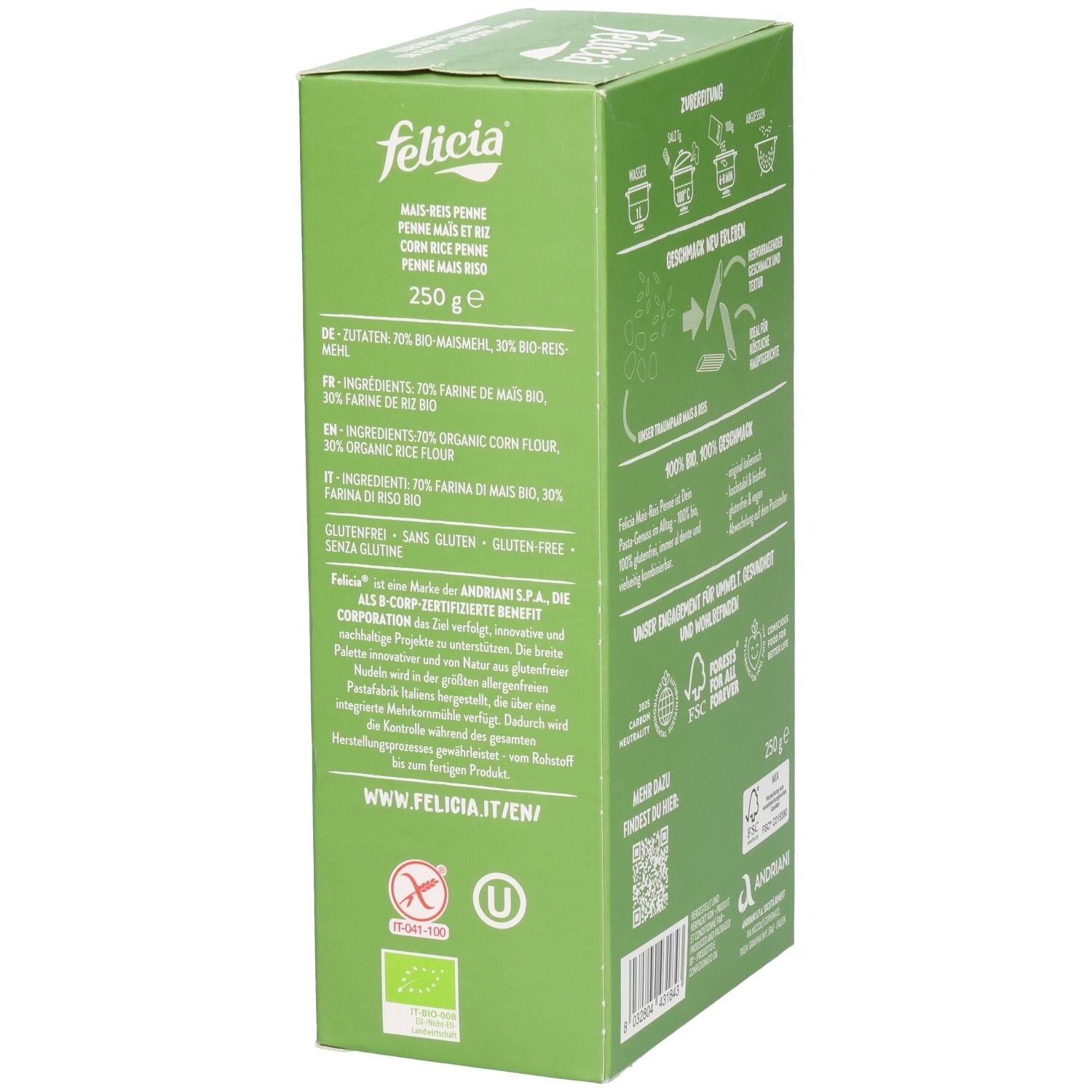 Seitenansicht der Felicia Penne Mais-Reis glutenfreien Pasta Packung mit Bio-Siegel.