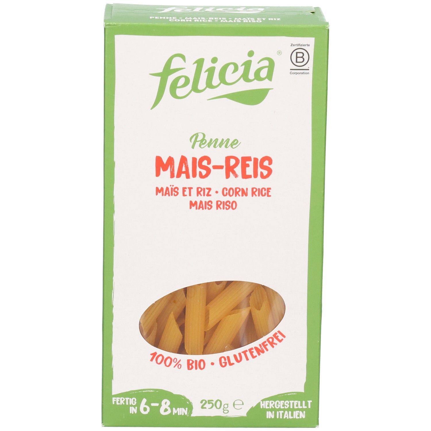 Vorderseite der Felicia Penne Mais-Reis glutenfreien Pasta Packung, 250g.