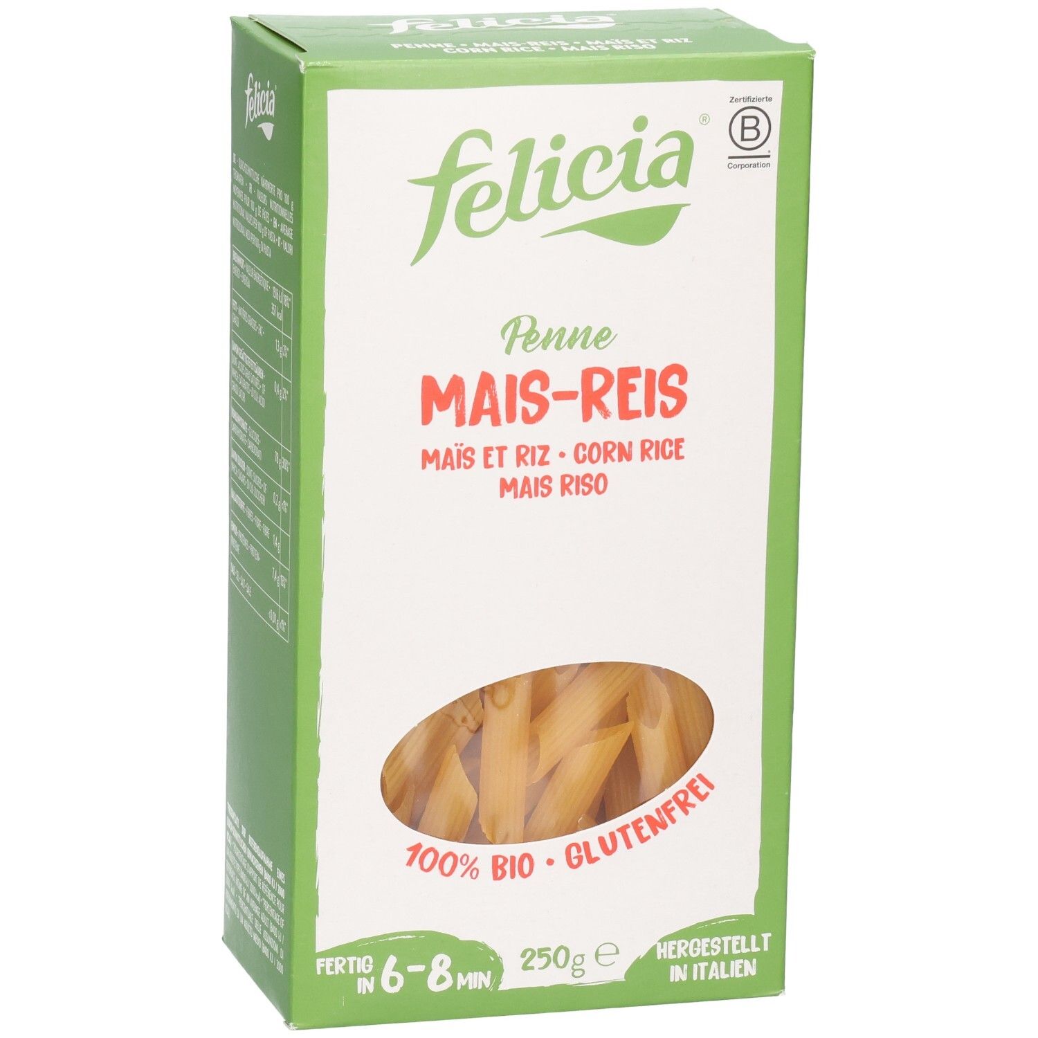 Felicia Penne Mais-Reis glutenfreie Pasta, 250g Packung mit Sichtfenster.