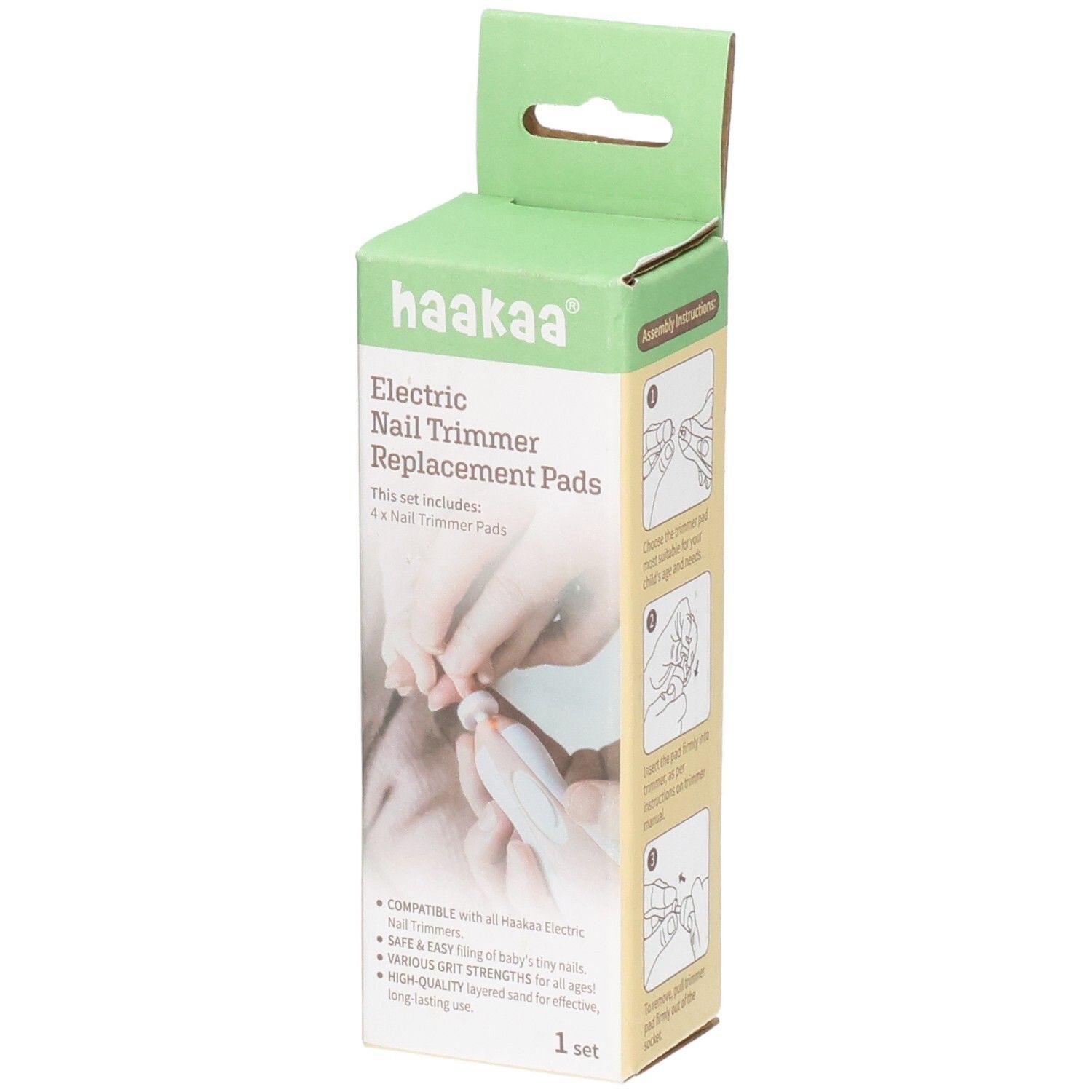 Haakaa Ersatz-Pads für Nagelpflege Set: 4x Schleifpads für elektrische Babynagelfeile. Kartonverpackung mit Produktabbildung.