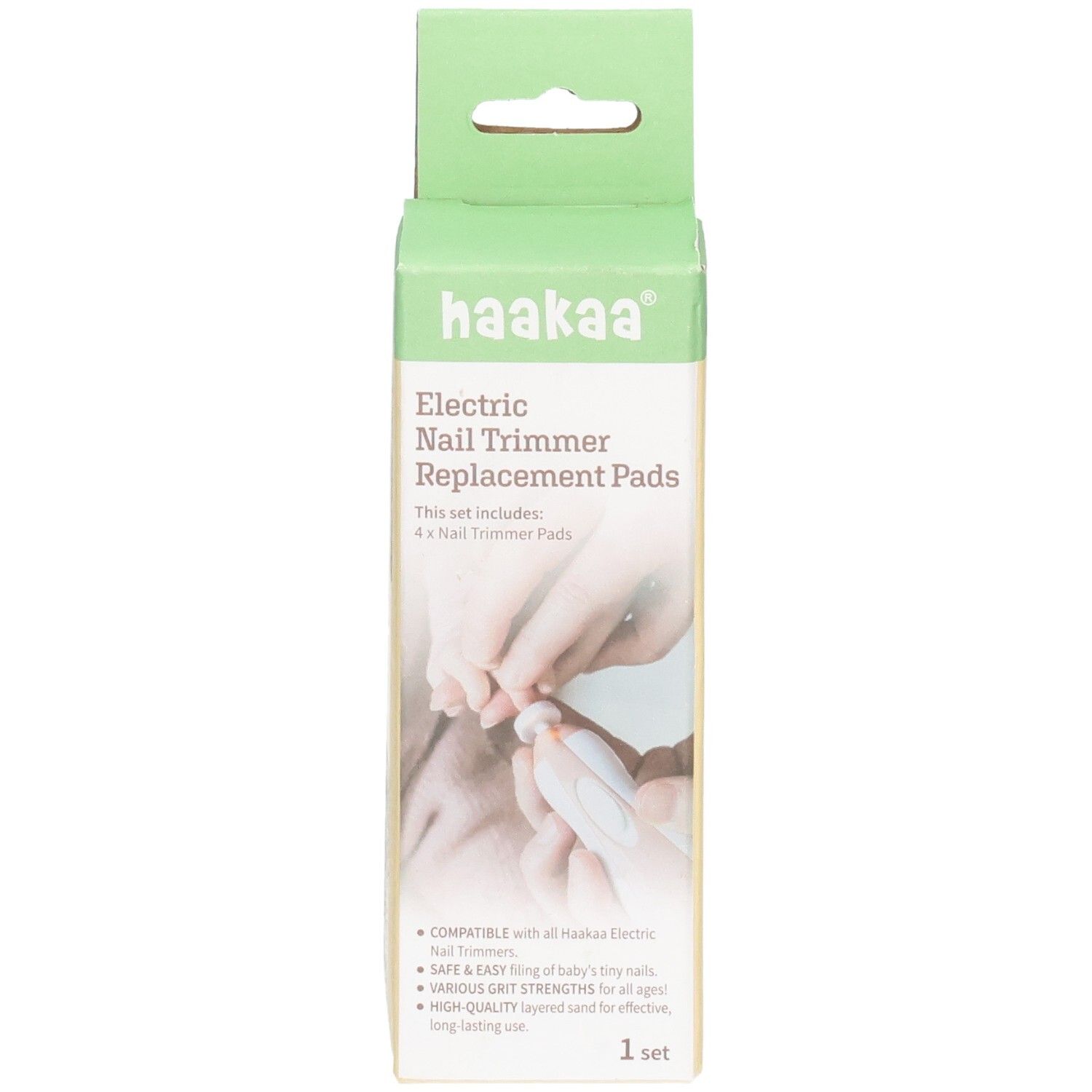 Haakaa Ersatz-Pads für Nagelpflege Set: 4x Schleifpads für elektrische Babynagelfeile. Kartonverpackung mit Produktabbildung.