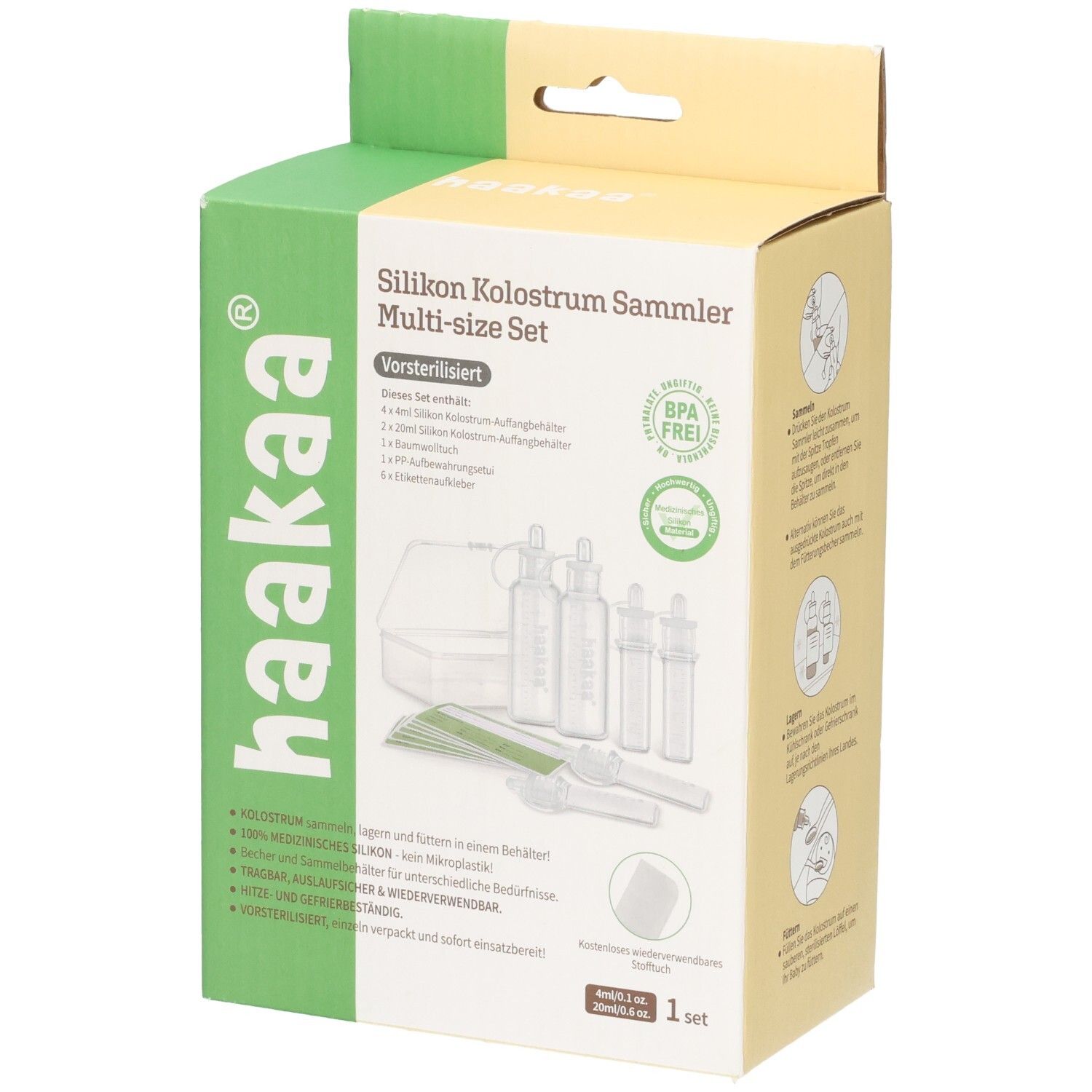 Haakaa Silikon Kolostrum Sammler Multi-size Set, sterilisiert, BPA-frei. Enthält 4x Kolostrum-Auffangbehälter, 1x Aufbewahrungsbox, 1x PP-Aufbewahrungsbeutel, 3x Aufbewahrungsbehälter.