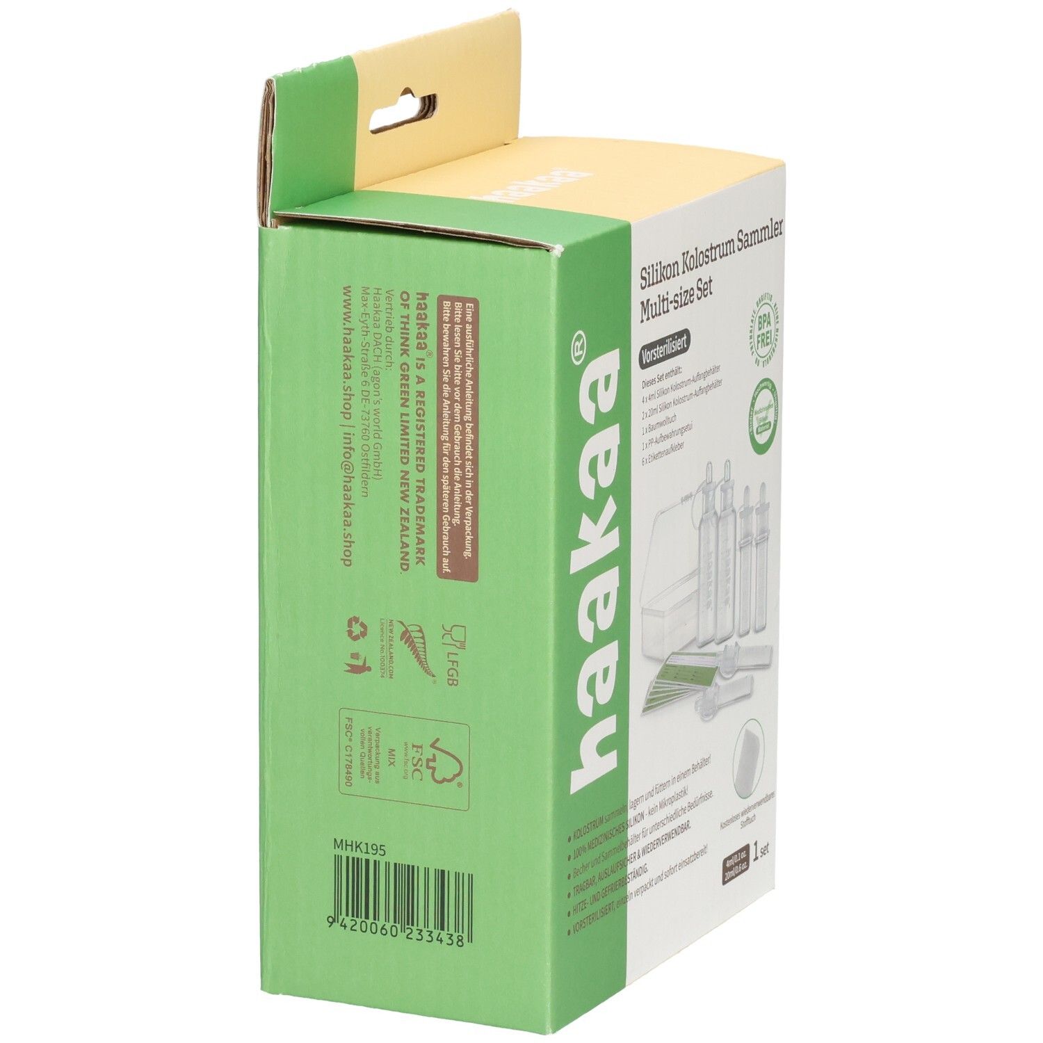 Verpackung für ein Haakaa Silikon Kolostrum Sammler Multi-Größen-Set.