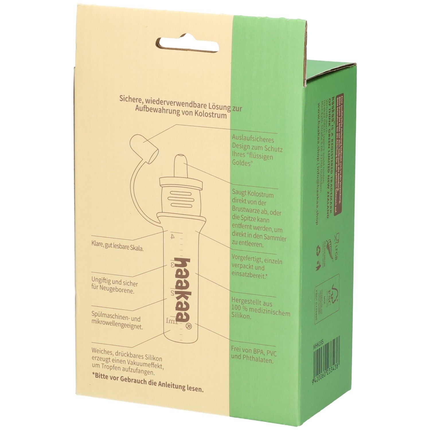 Verpackung für Haakaa Kolostrum-Aufbewahrungsbehälter mit Skala und Silikon-Vakuum-Effekt.