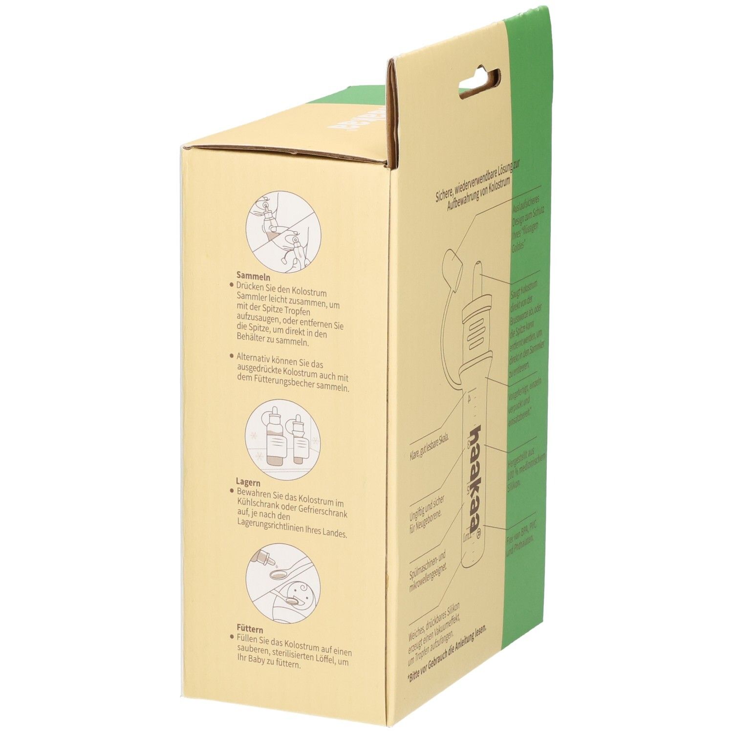 Verpackung eines Haakaa Kolostrum-Sammlers mit Anleitungsbildern und Markenschriftzug.