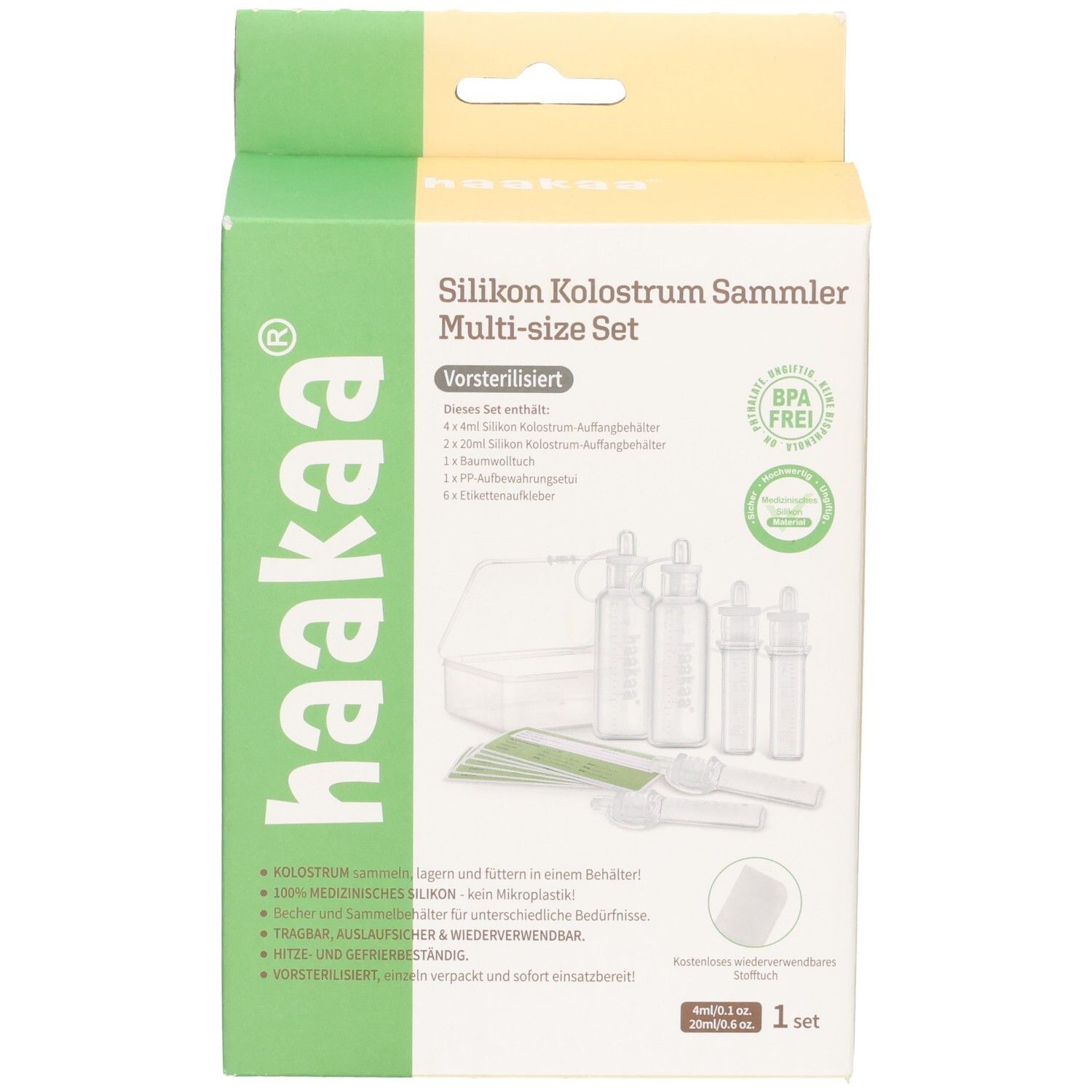 Haakaa Silikon Kolostrum Sammler Multi-size Set, sterilisiert, mit 4 Kolostrum Sammlern und Aufbewahrungsbox.