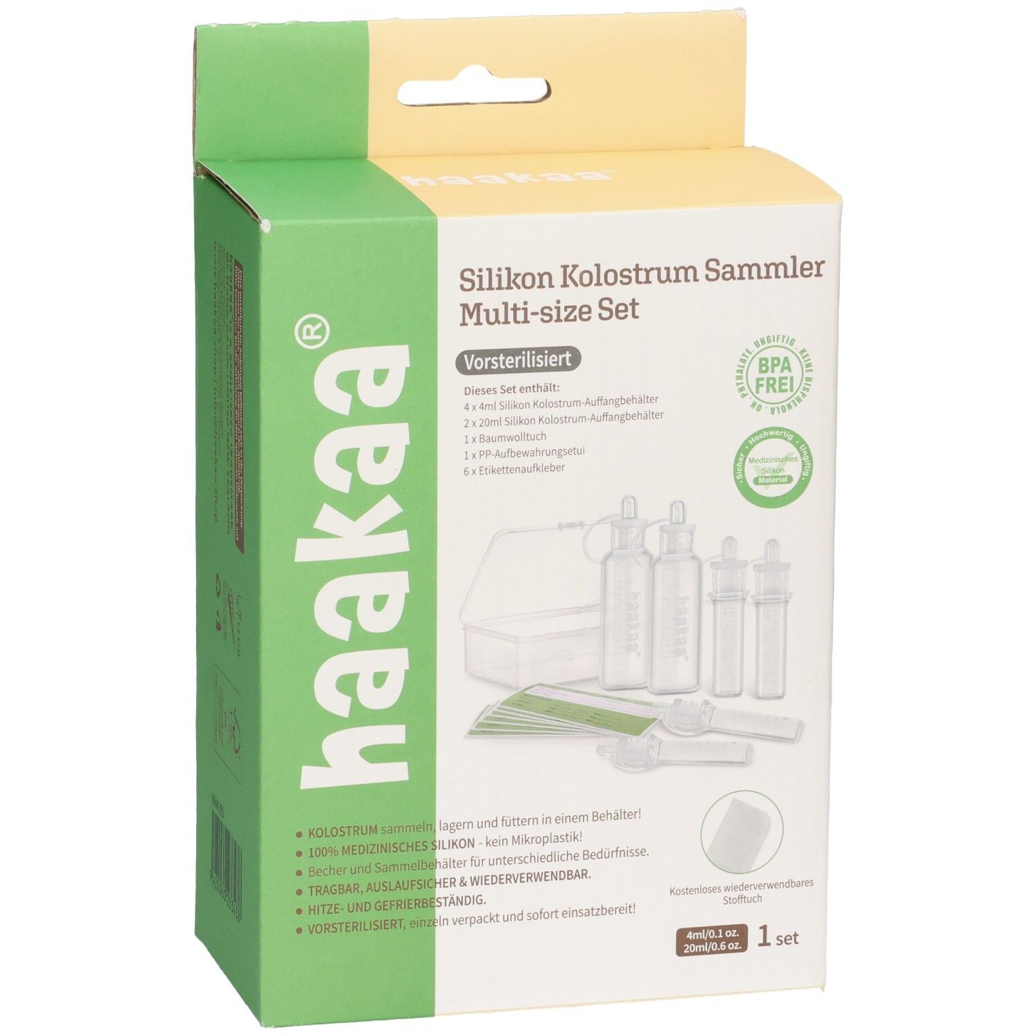 Haakaa Silikon Kolostrum Sammler Multi-size Set mit 4x 4ml und 2x 20ml Kolostrum-Auffangbehältern, 2x PP-Aufbewahrungsdeckel, 1x Baumwolltuch, 5x Etikettenhalter.