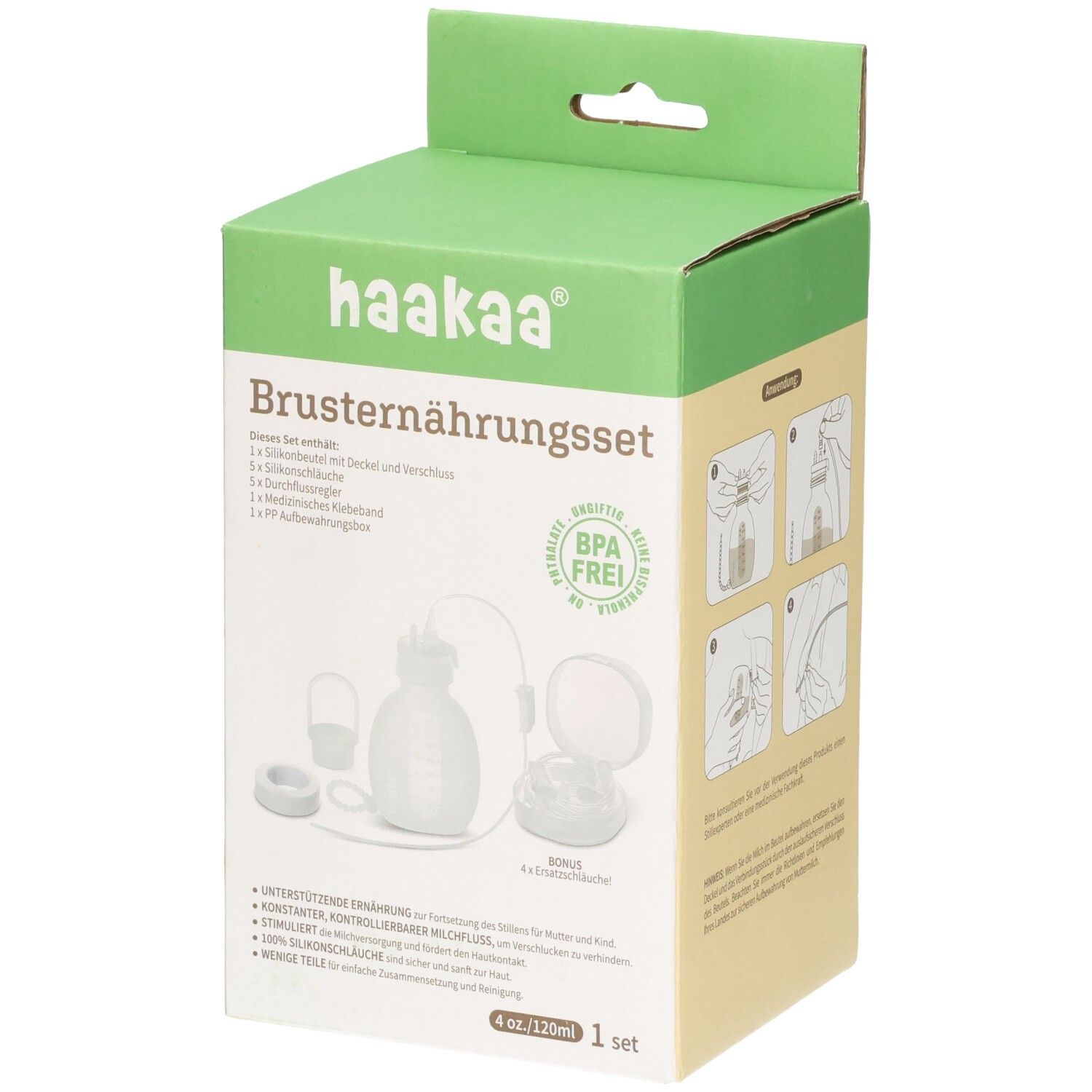 Haakaa Brusternährungsset: Flasche, Silikonschlauch, zwei Verschlüsse, zwei Bürsten, ein Band.