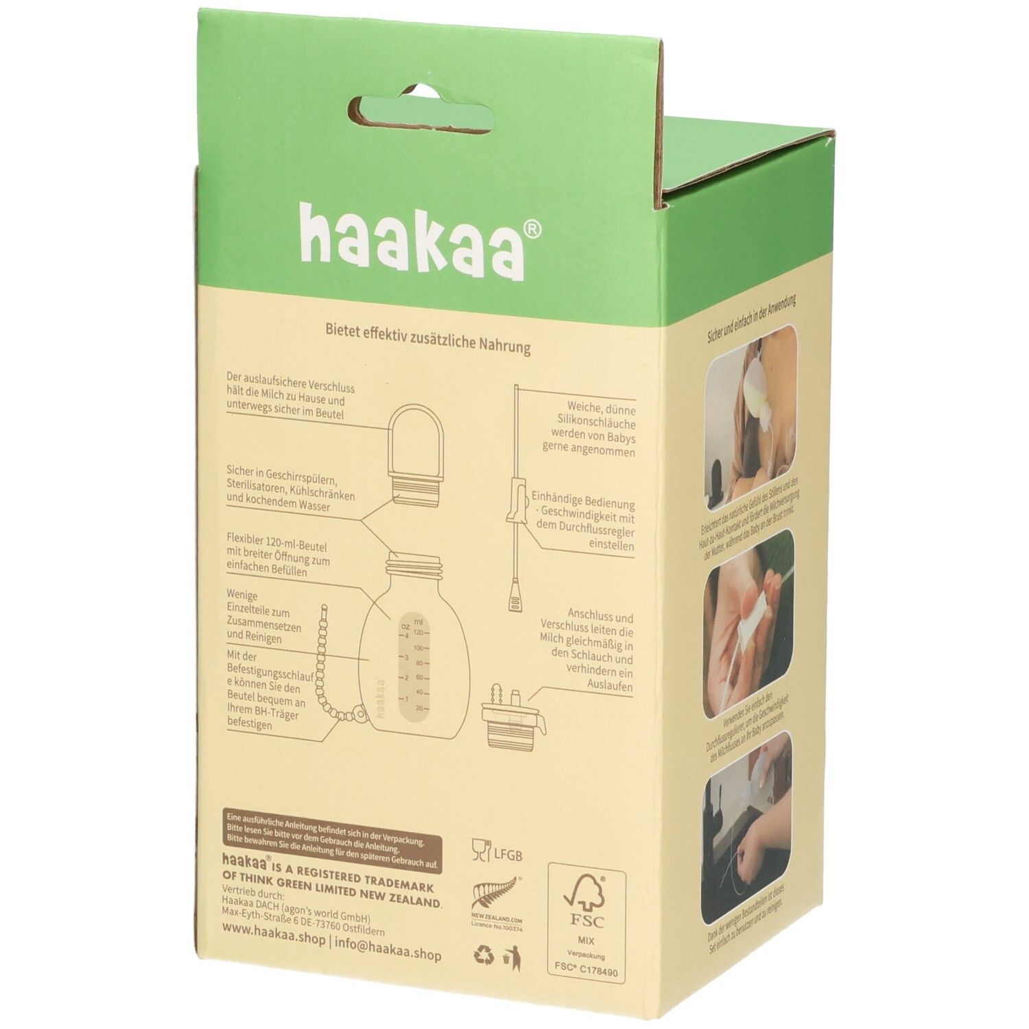 Haakaa Produktverpackung mit schematischer Darstellung eines Flaschensystems und Anwendungsbildern.