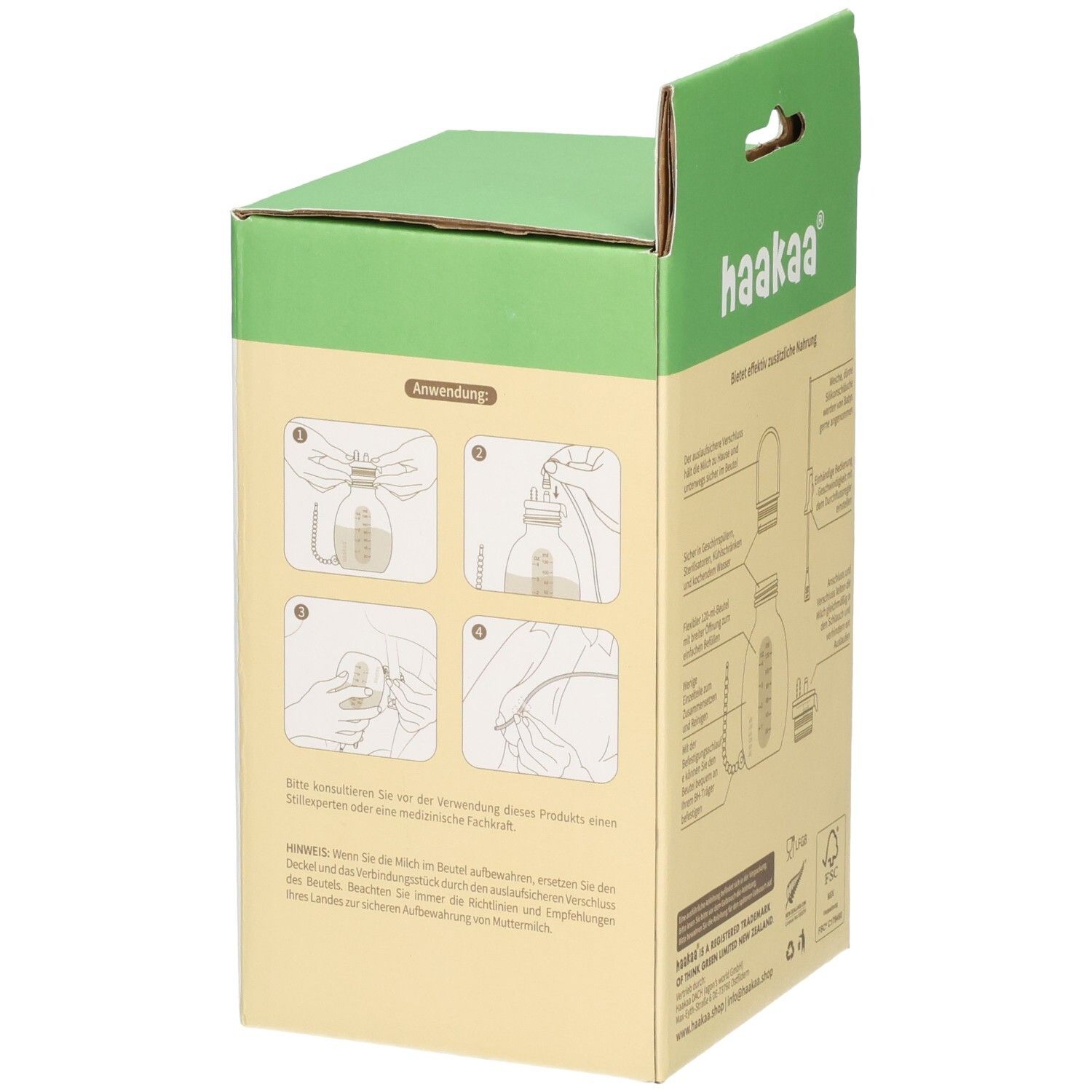 Haakaa Produktverpackung mit Anwendungshinweisen und Produktabbildung.