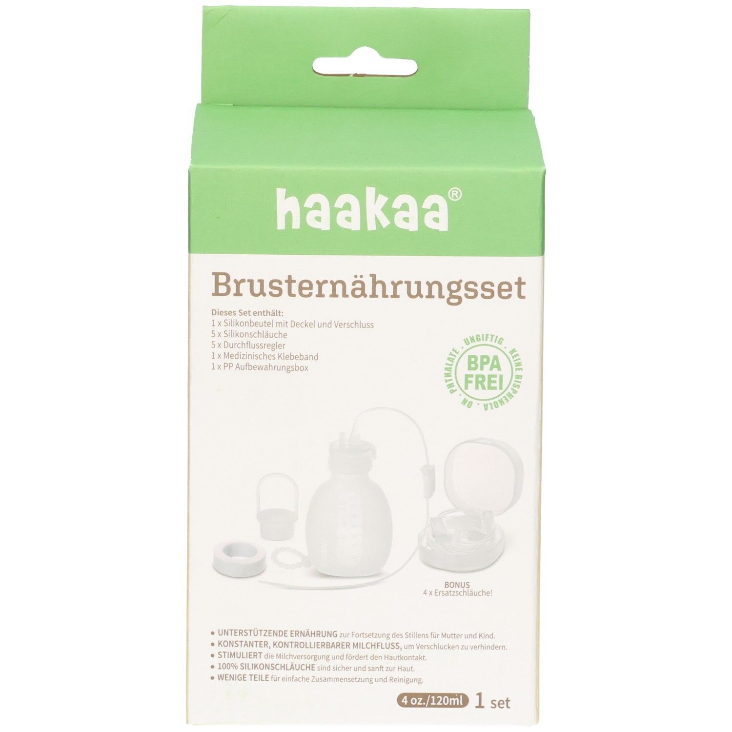 Haakaa Brusternährungsset mit Silikonbeutel, Deckel, Verschluss, Schlauch und Aufbewahrungsbox. BPA-frei.