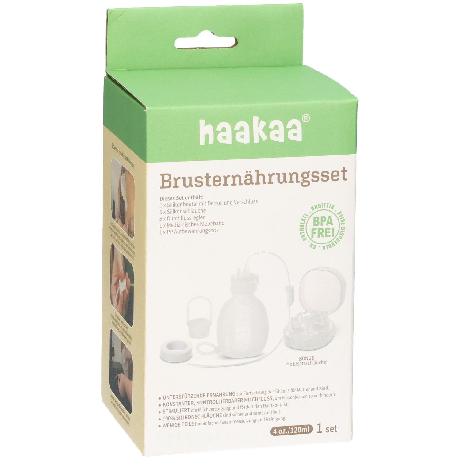 Haakaa Brusternährungsset: 1x Flasche, 1x Deckel, 1x Schlauch, 1x Halteband, 1x Aufbewahrungsbox. BPA frei.
