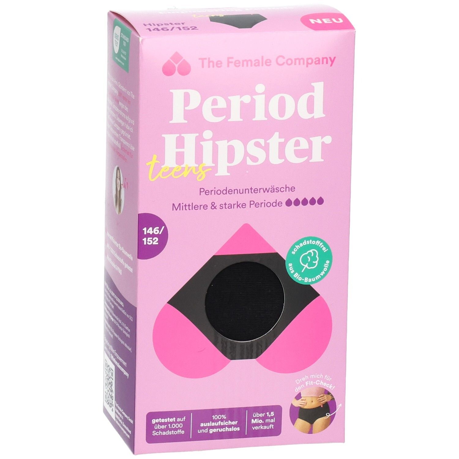 Rosa Verpackung mit Period Hipster Teens. Schwarze Periodenunterwäsche ist sichtbar. Größe 146-152. Marke: The Female Company.