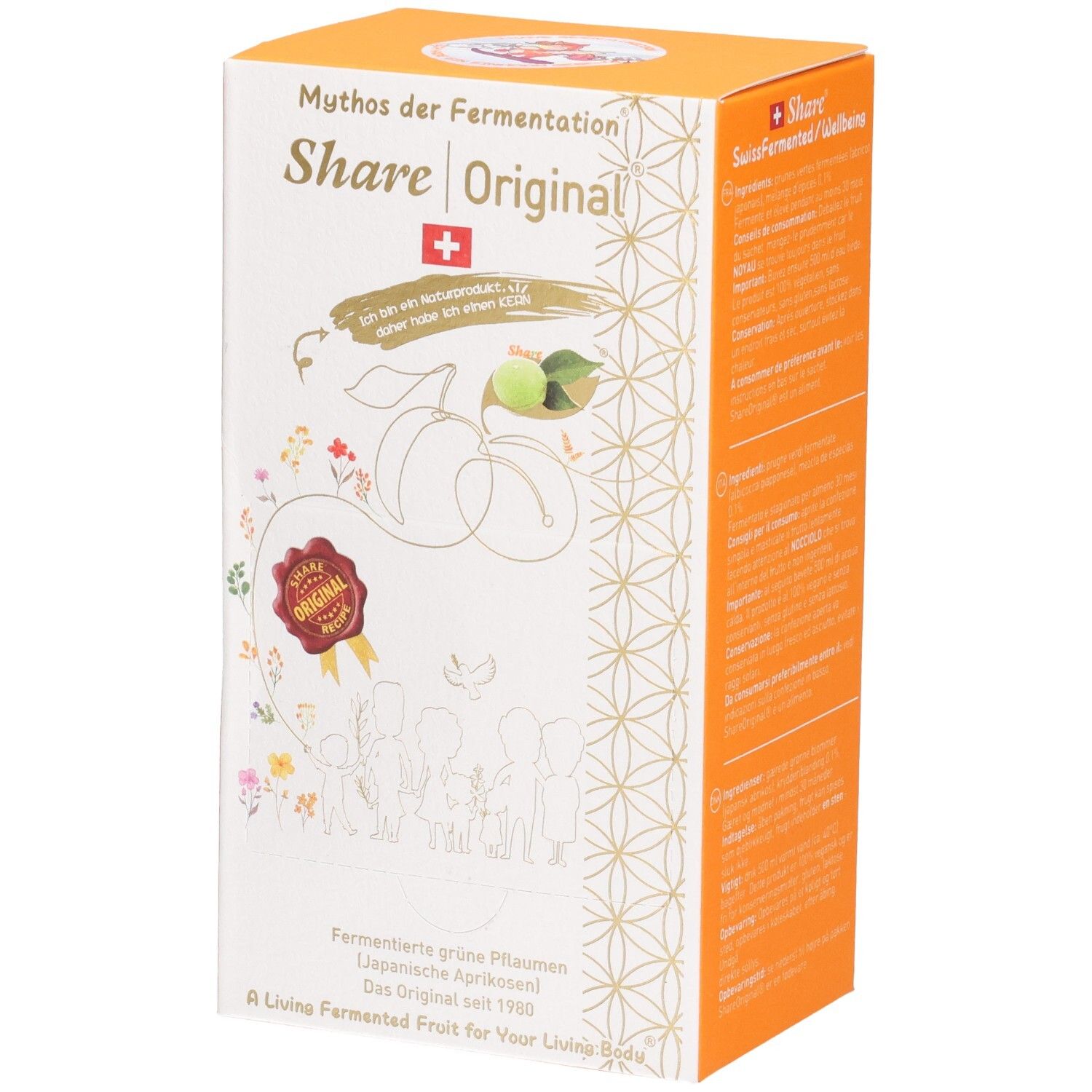 Verpackung mit Produktnamen Share Original und Schweizer Kreuz. Illustrationen von Pflaumen und Blättern.