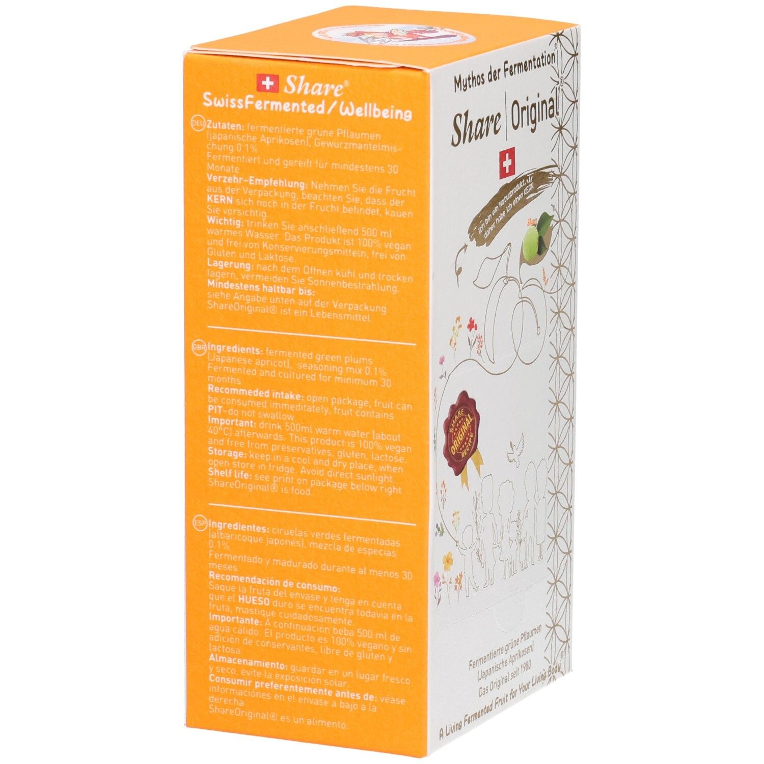 Orangefarbene Verpackung mit Text. Enthält Informationen über Inhaltsstoffe, Anwendung und Lagerung.