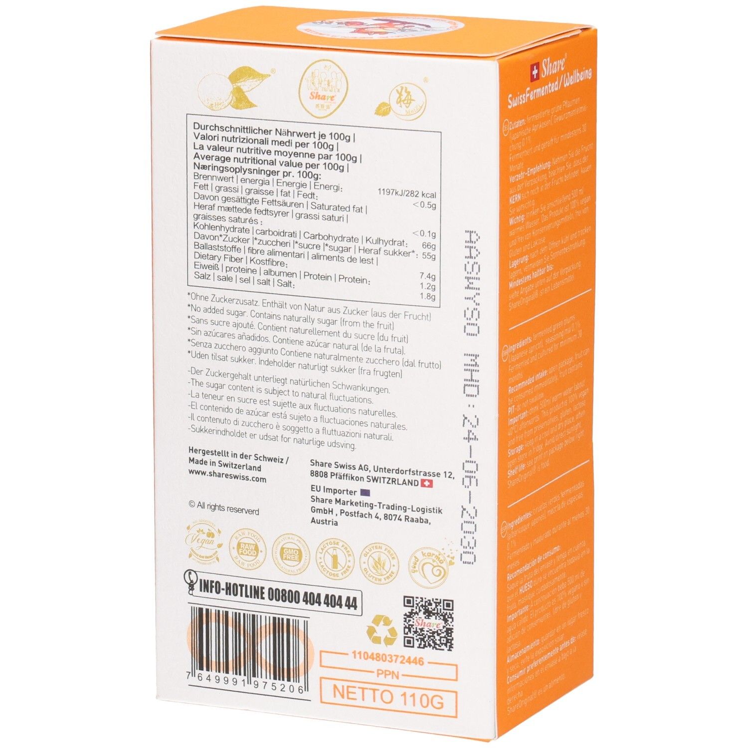 Rückseite der Verpackung mit Nährwertangaben und Herstellerinformationen. Enthält Text und Logos.