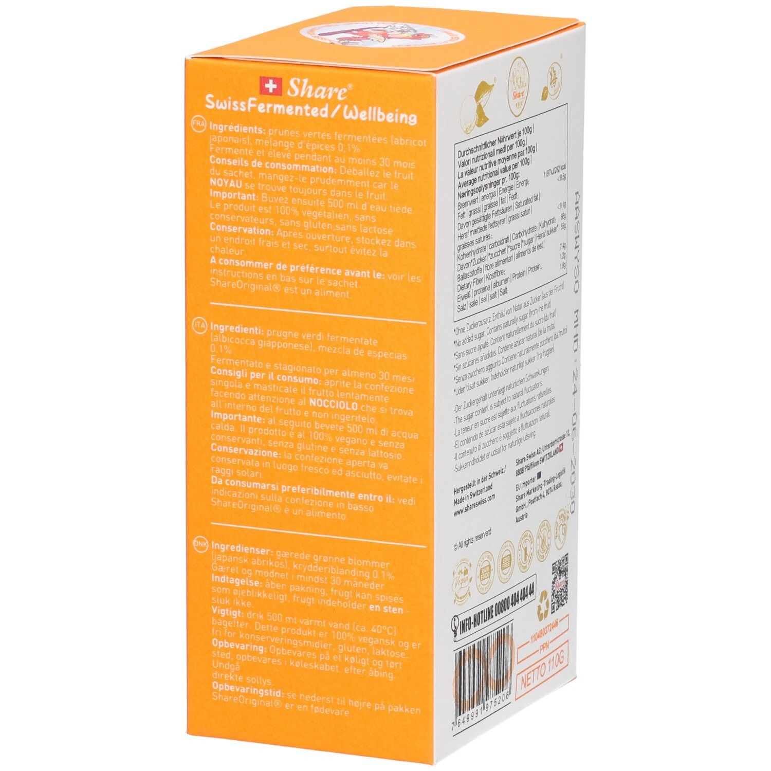 Seite der Verpackung mit Text in verschiedenen Sprachen. Enthält Informationen über Inhaltsstoffe und Anwendung.