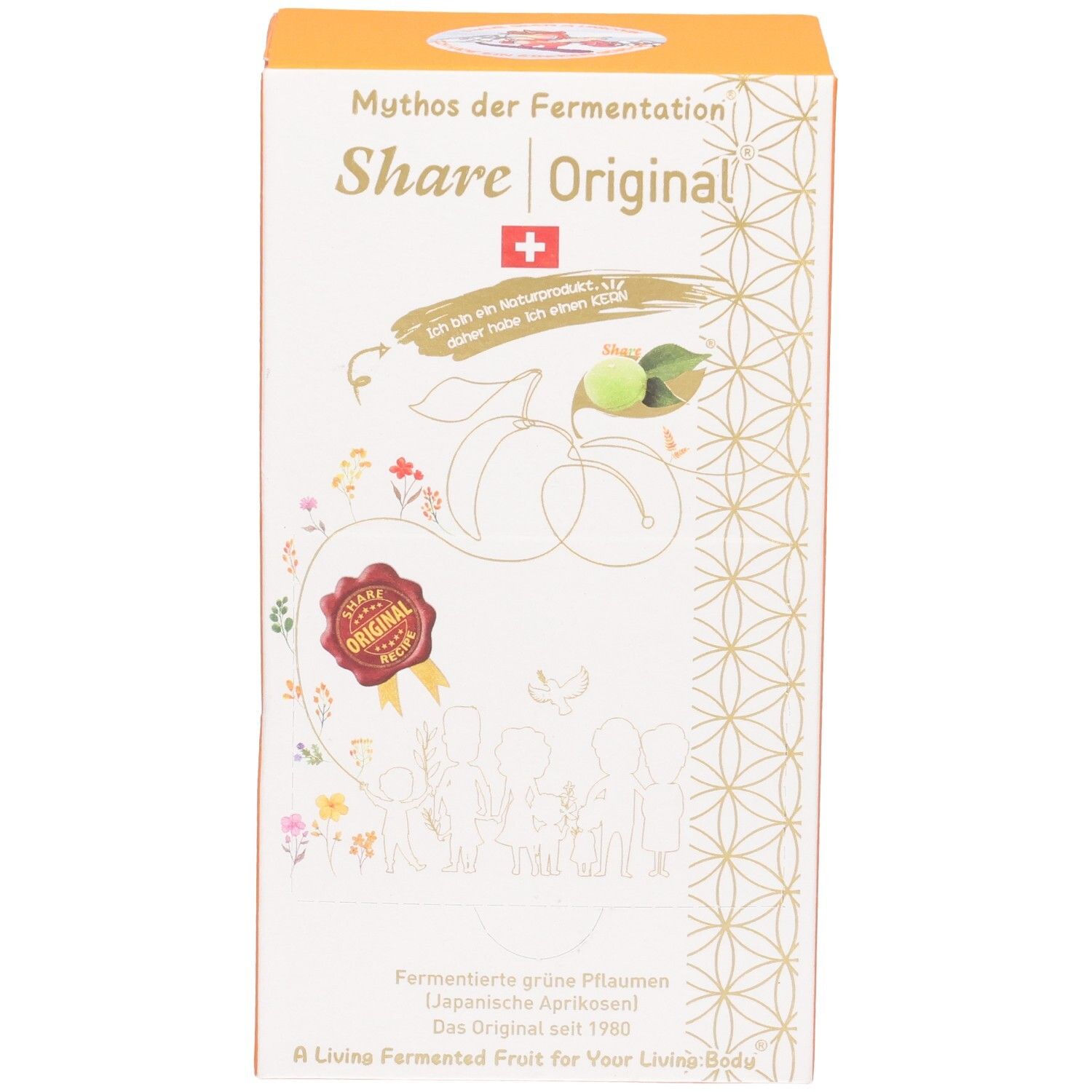 Vorderseite der Verpackung mit Produktnamen Share Original und Schweizer Kreuz. Illustrationen von Pflaumen.