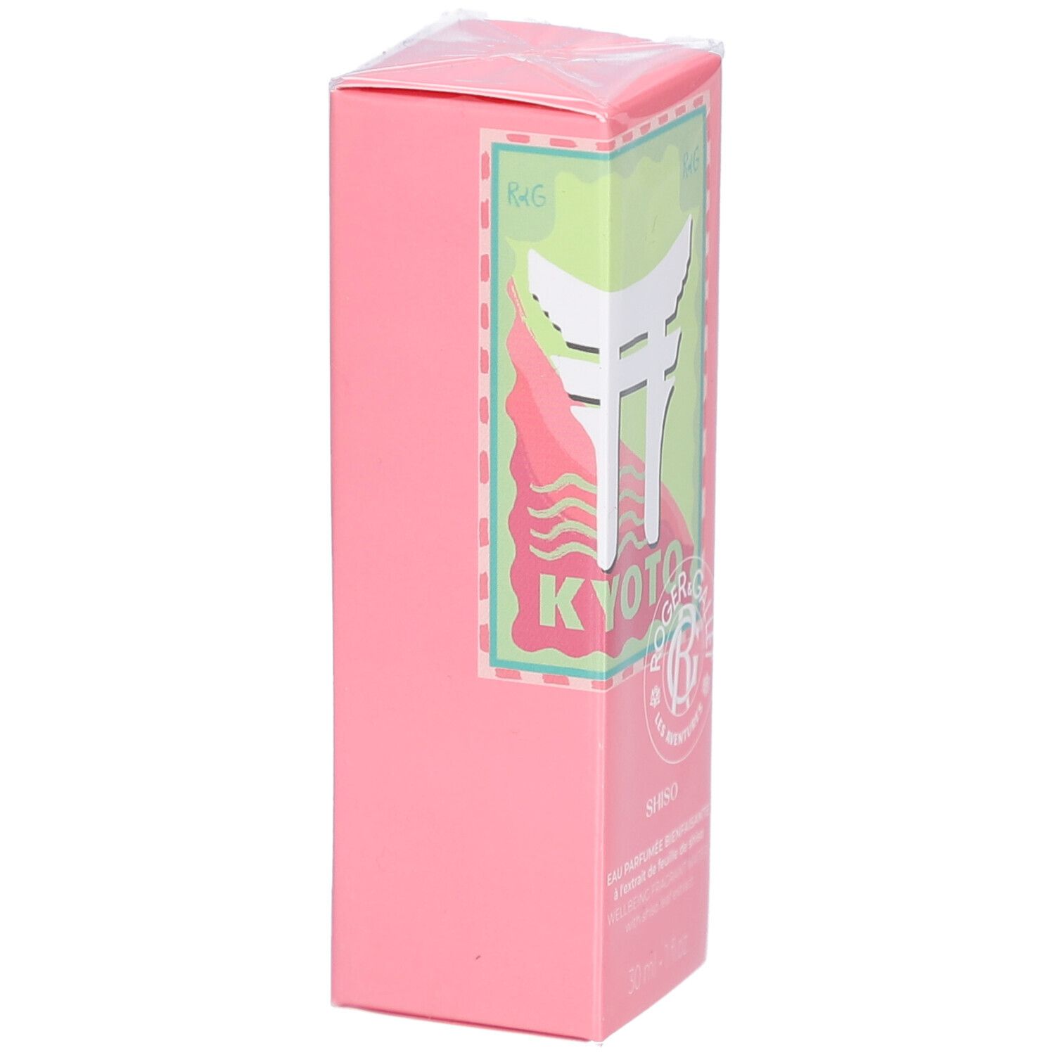 Seitenansicht der rosa Schachtel. Aufschrift: Kyoto, Shiso. Teilweise transparente Folie.