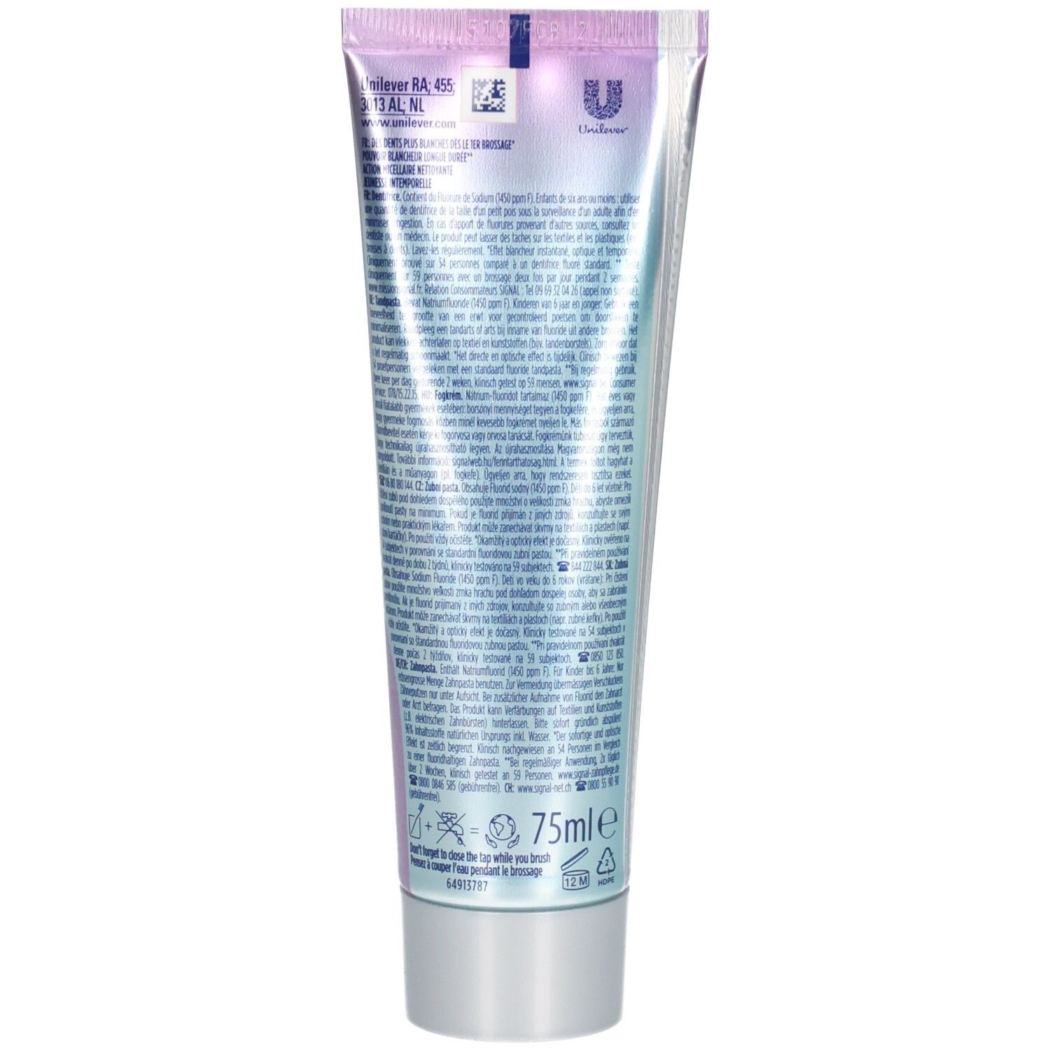 Rückseite der Zahncreme-Tube. Text in mehreren Sprachen, Unilever-Logo, 75ml-Angabe.