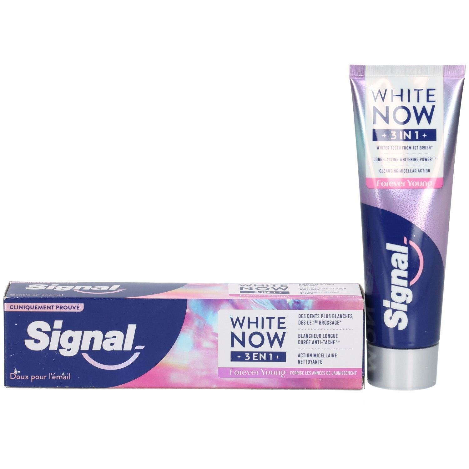 Zahncreme-Tube und Schachtel. Beide mit "WHITE NOW 3 IN 1" und "Forever Young" beschriftet. Marke: Signal.
