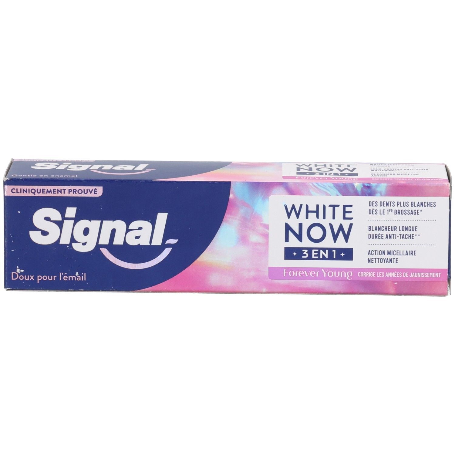 Zahncreme-Schachtel mit "WHITE NOW 3 IN 1" und "Forever Young" Schriftzug. Marke: Signal. Blau-weißes Design.