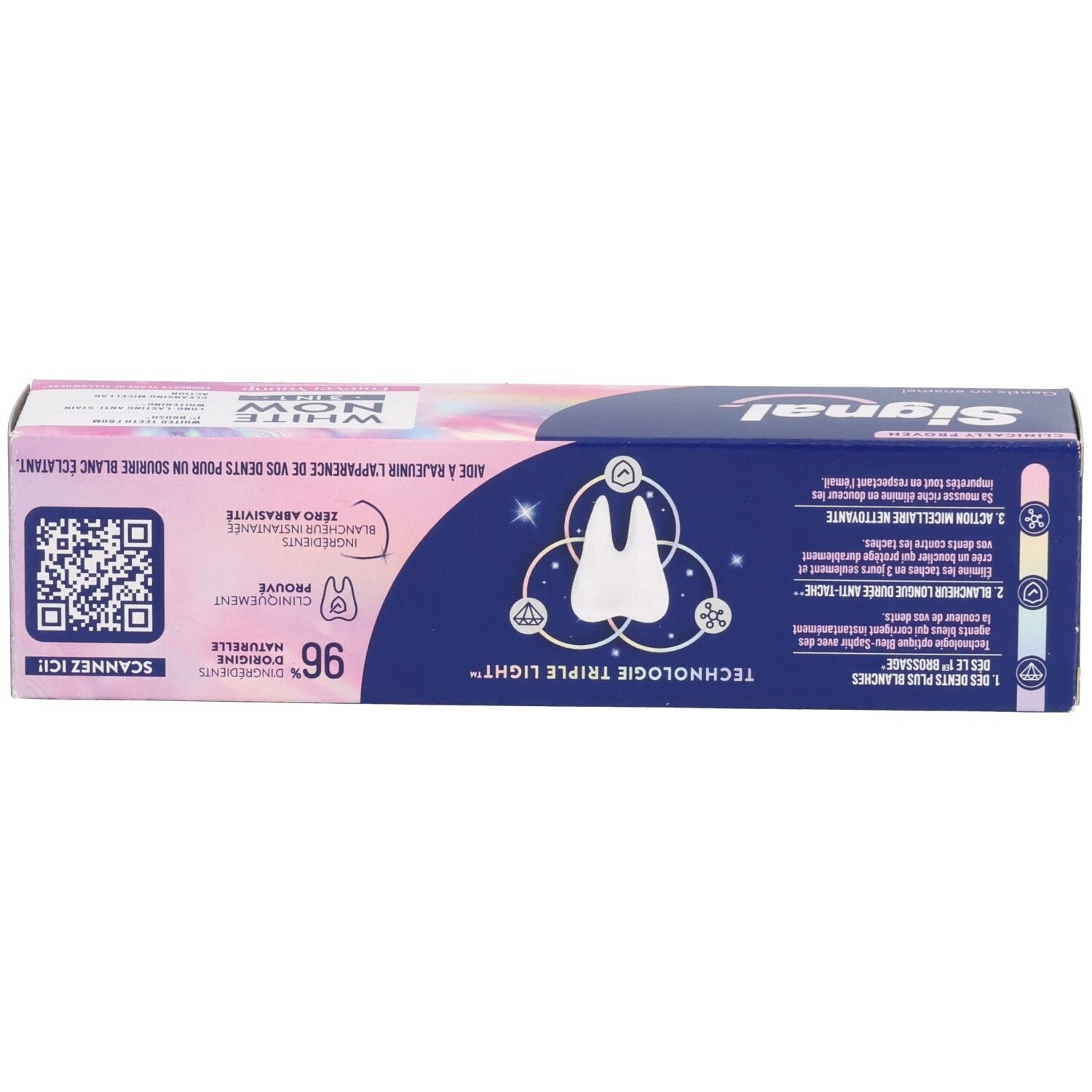 Zahncreme-Schachtel, Oberseite. "WHITE NOW 3 IN 1" und "Forever Young" Schriftzug. Marke: Signal. QR-Code.