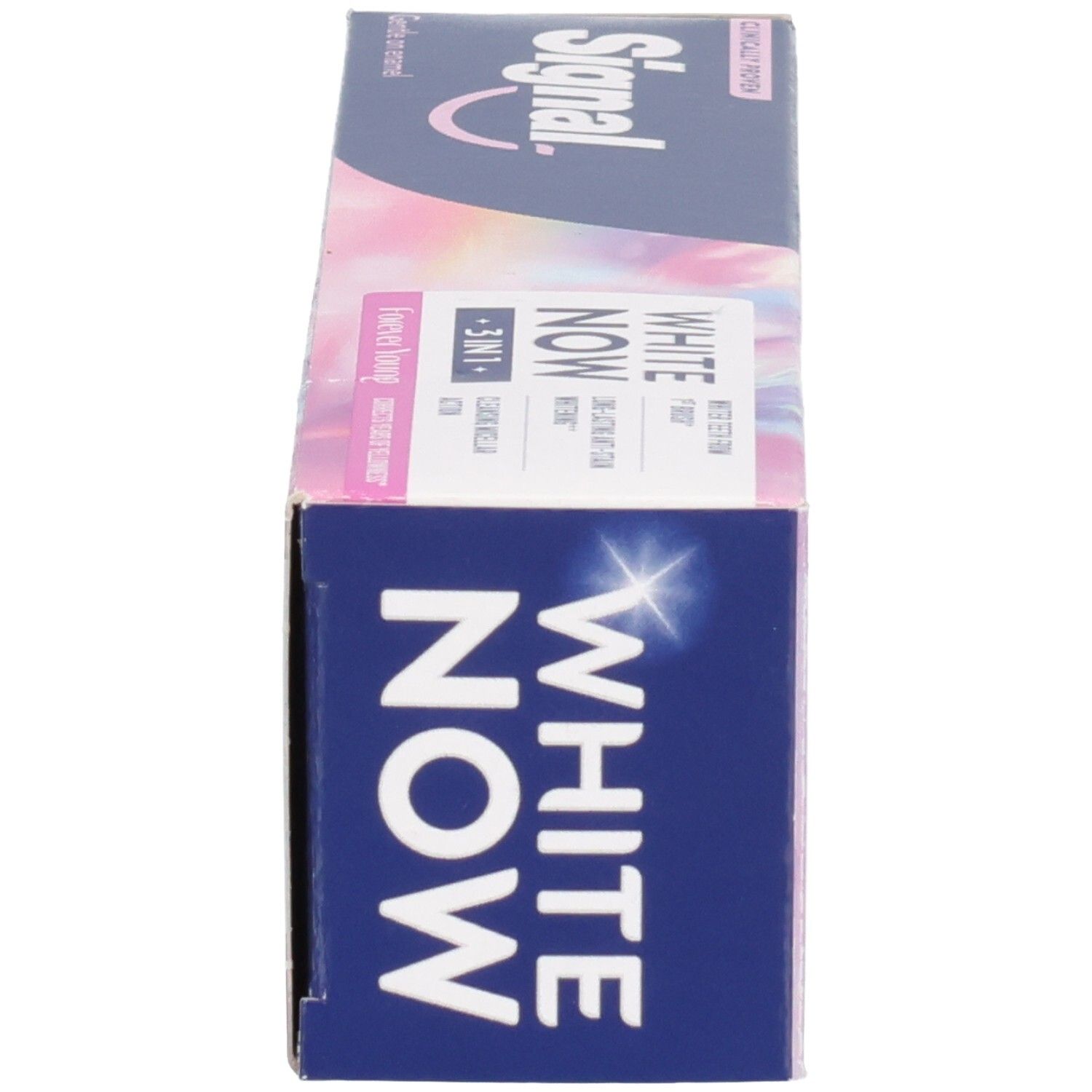 Zahncreme-Schachtel, Seitenansicht. "WHITE NOW 3 IN 1" und "Forever Young" Schriftzug. Marke: Signal.
