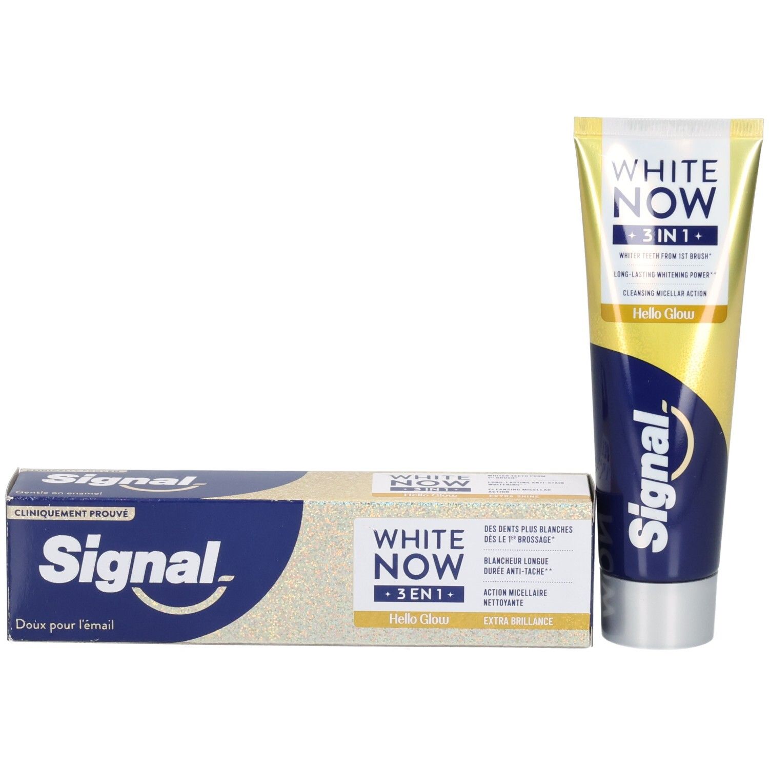 Zahncremetube und Schachtel. Aufschrift: WHITE NOW 3in1, Signal. Gelb-blaue Farbgebung.