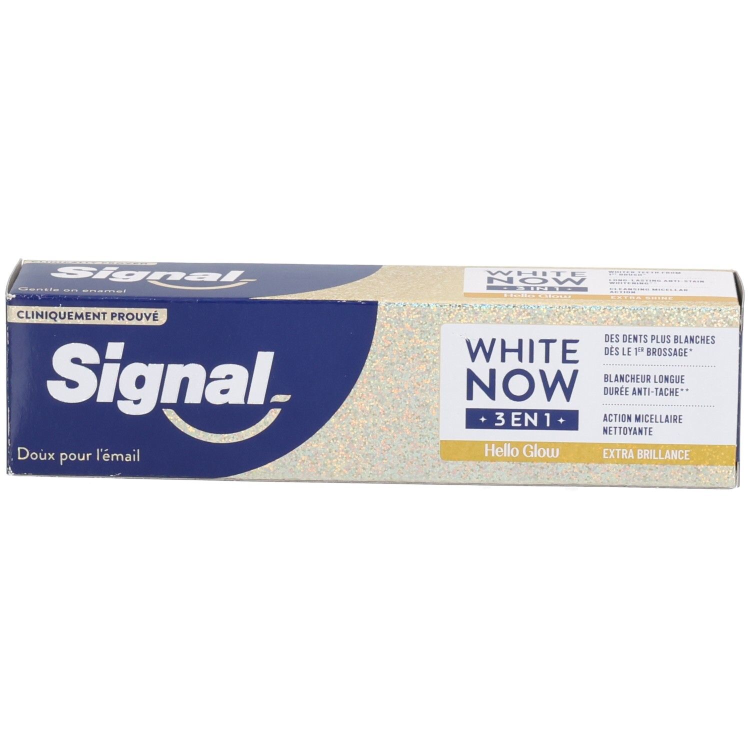 Zahncreme-Schachtel. Aufschrift: WHITE NOW 3in1, Signal. Gelb-blaue Farbgebung.