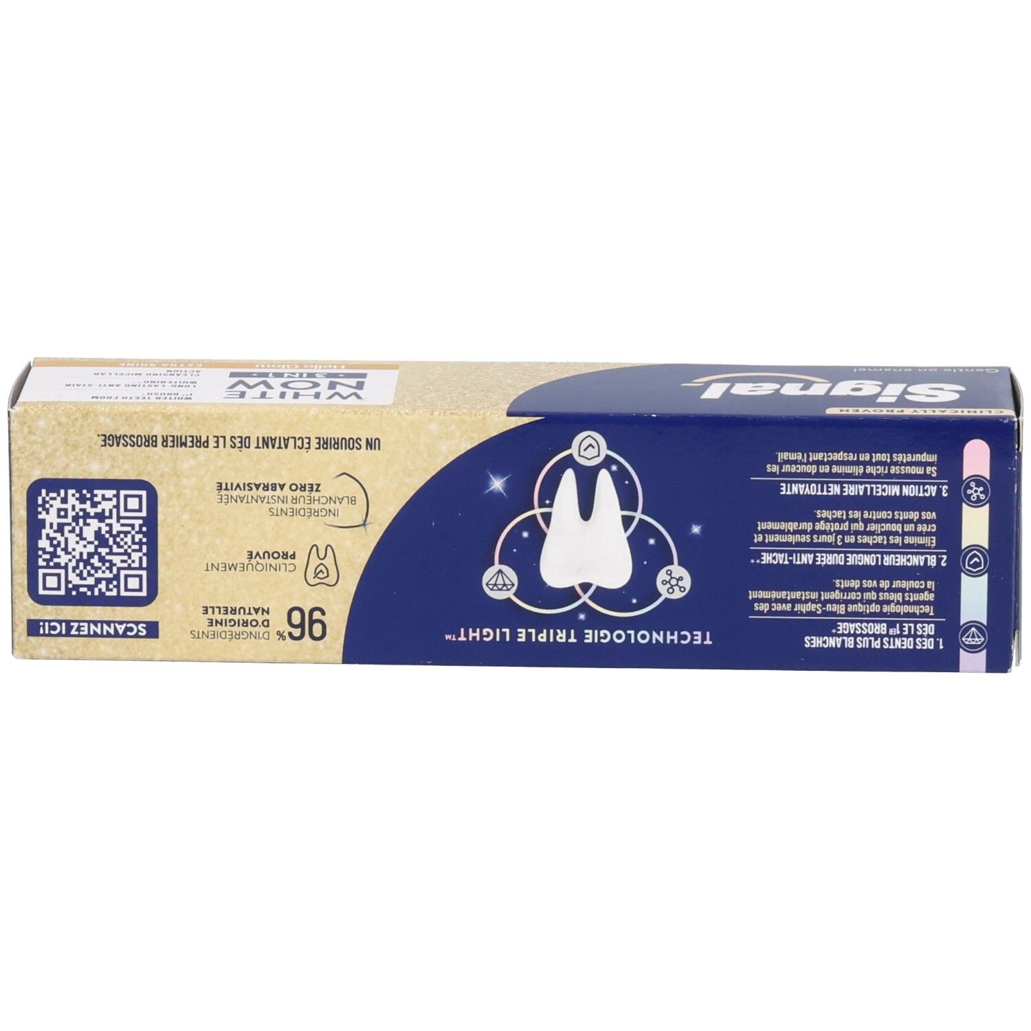 Zahncreme-Schachtel, Oberseite. Aufschrift: WHITE NOW 3in1, Signal. Blaue und beige Farbgebung.