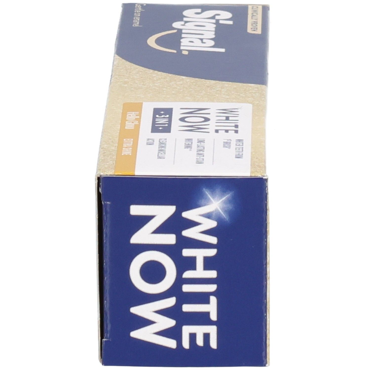 Zahncreme-Schachtel, Seitenansicht. Aufschrift: WHITE NOW, Signal. Blaue und beige Farbgebung.