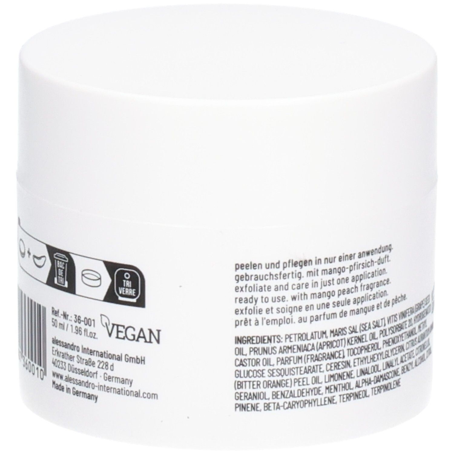 Weißer Tiegel mit Text und Symbolen. Text: vegan, Inhaltsstoffe. Aufschrift: 50 ml/1.96 fl.oz.