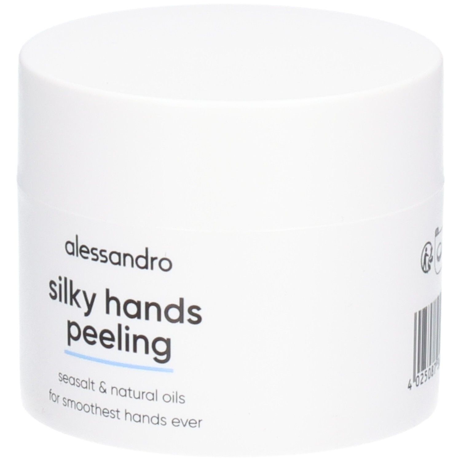 Weißer Tiegel mit Produktaufschrift: alessandro silky hands peeling. Text: seasalt & natural oils for smoothest hands ever. Barcode.
