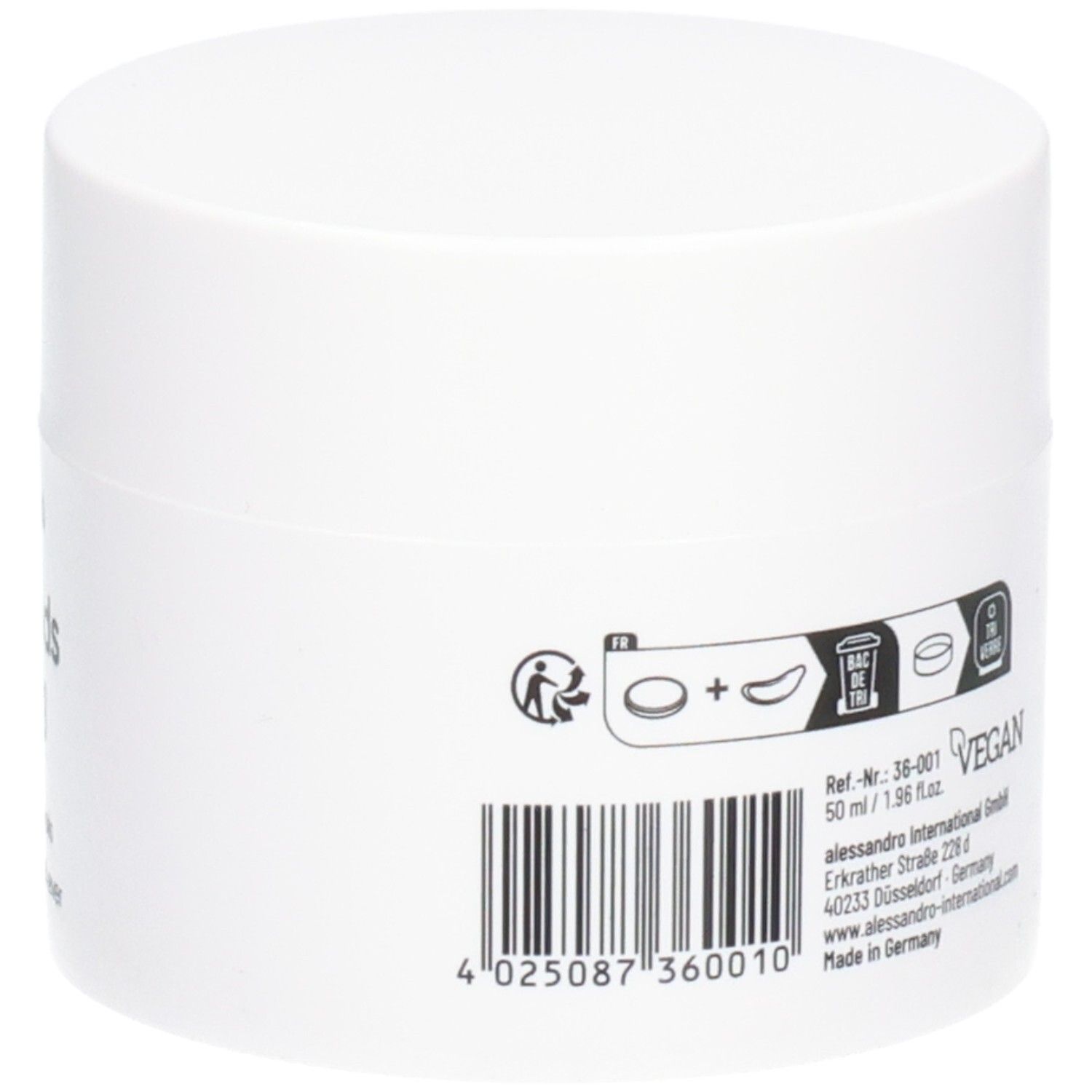 Weißer Tiegel, Rückseite. Text: vegan, 50 ml/1.96 fl.oz. Barcode. Herstellerinformationen.