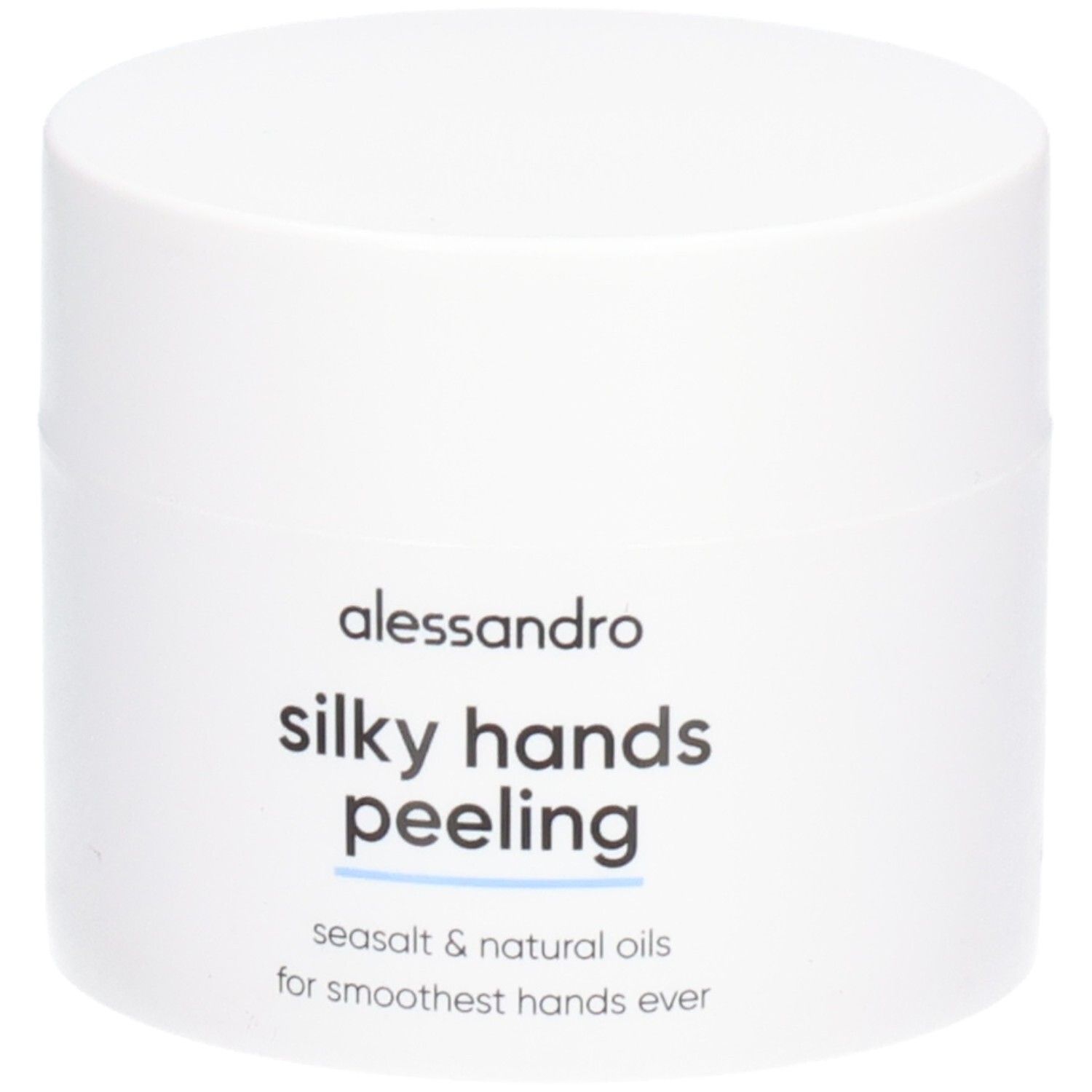 Weißer Tiegel mit Produktaufschrift: alessandro silky hands peeling. Text: seasalt & natural oils for smoothest hands ever.