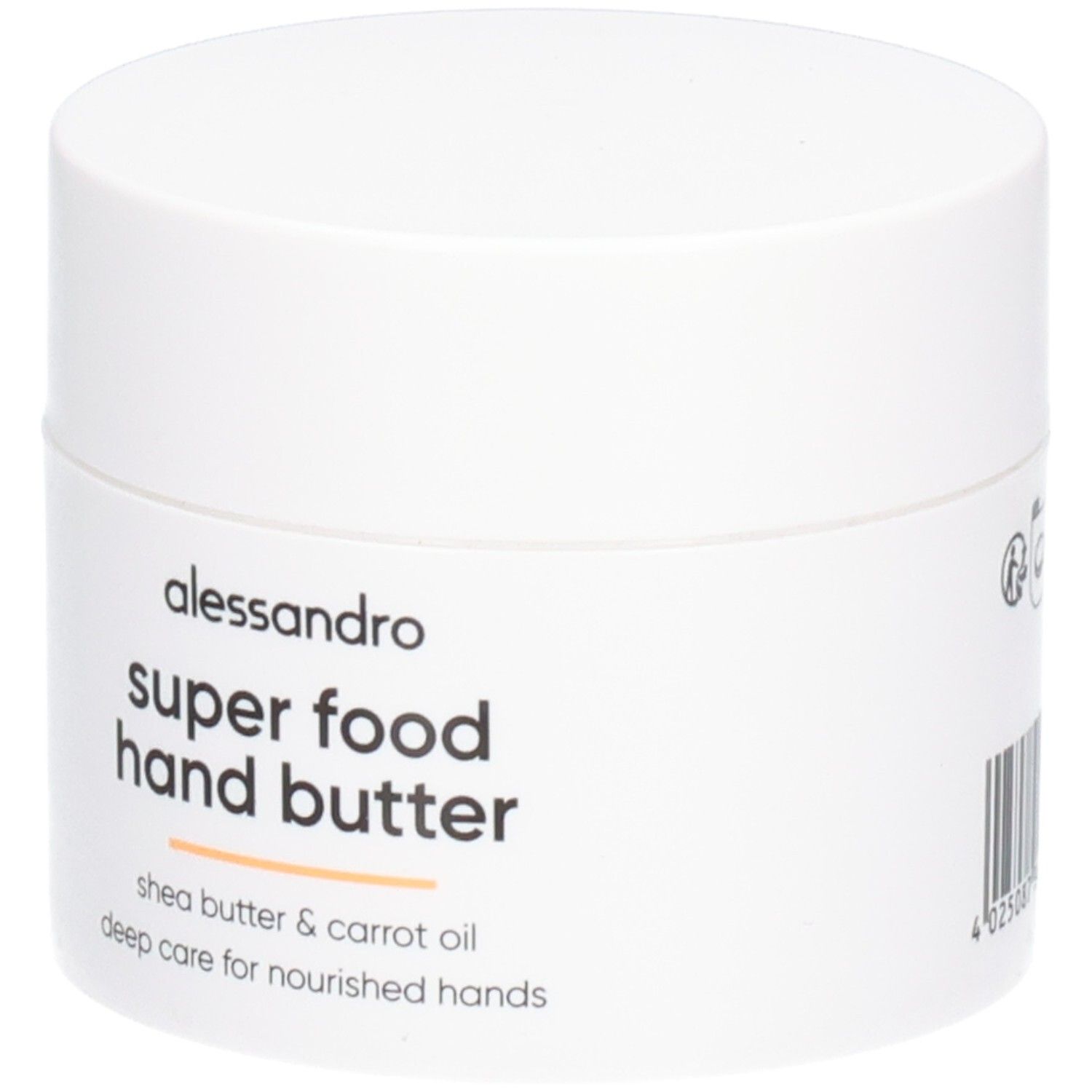 Weißer Tiegel mit Deckel. Aufschrift: Alessandro, Super Food Hand Butter, Shea Butter & Karottenöl. Tiegel steht.